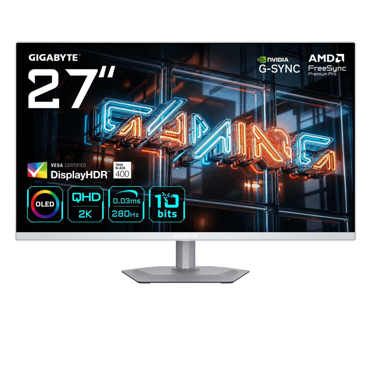 Gigabyte MO27Q2A Ice 27” OLED 2K QHD Gaming-Monitor - 2560 x 1440, 280Hz, 0.03ms, 250 cd/m², FreeSync Premium Pro, DisplayHDR True Black 400, HDMI 2.1, DisplayPort 1.4