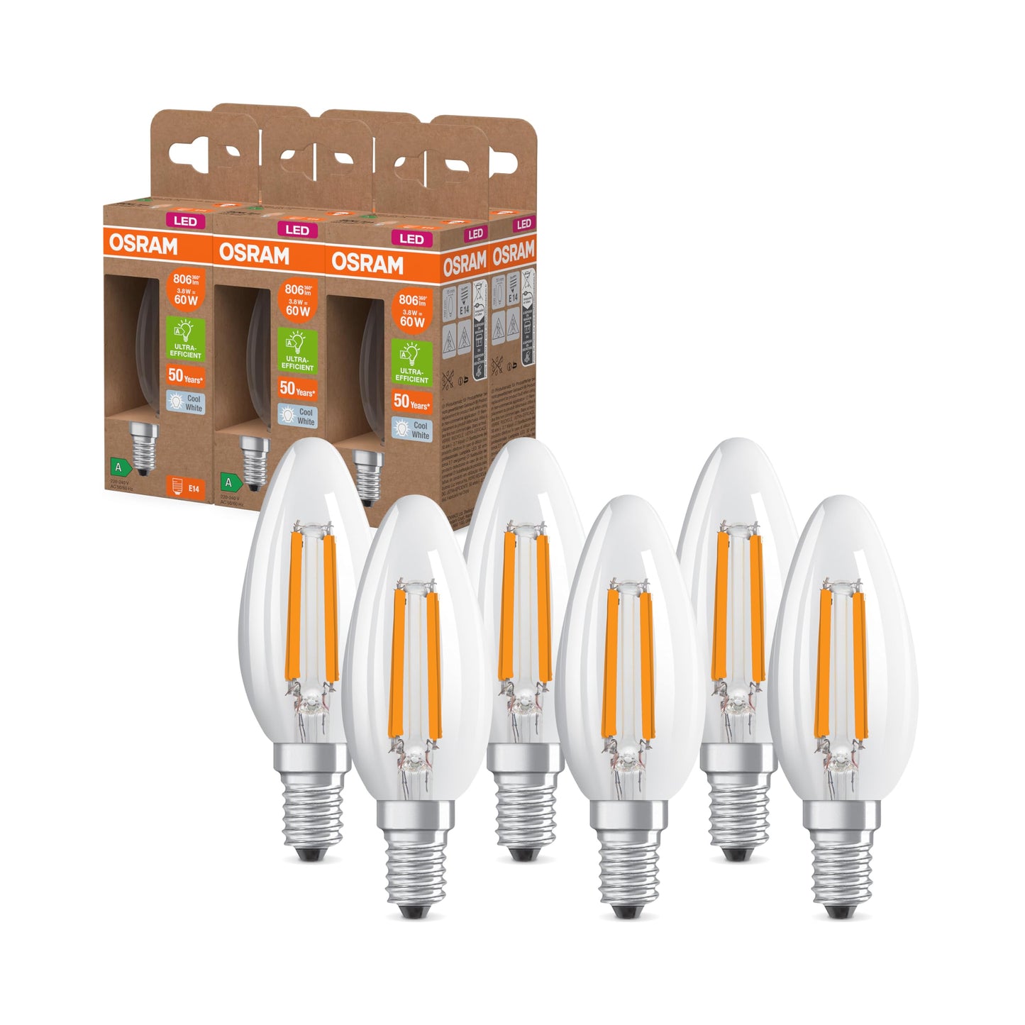 Osram Energy Class LED lamp in classic mini candle shape, 3.8 W / 806 lm, EEK A, cold white light (4000 K), CRI 80, made of clear-colored lead-free glass, E14 base, IP20, 35 mm DM, 6-pack - 4099854255151