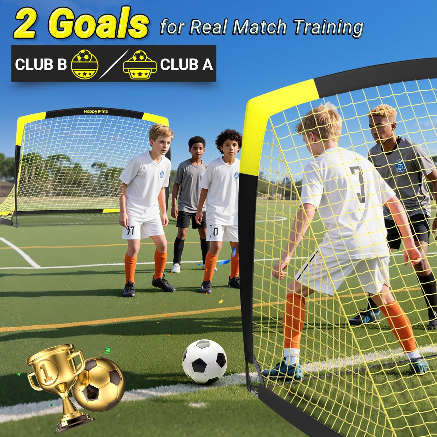 Happy Jump Pop-Up Football Goals - 213x152 cm, 2 goals, black yellow with ball, pump, cone & target | Complete training set for garden & family - Z2500900BQ1