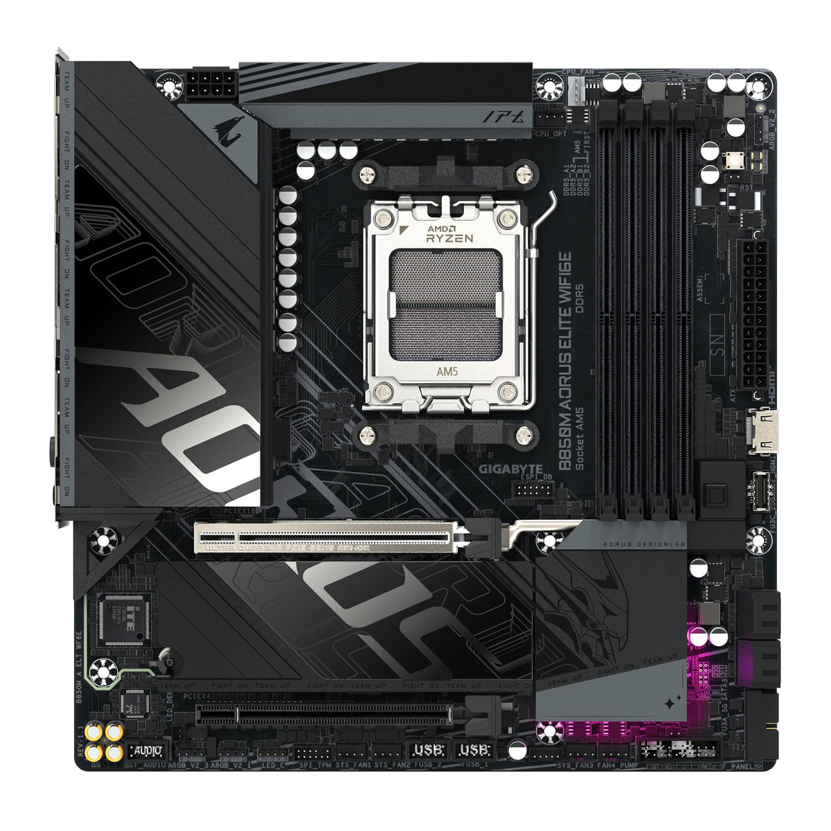 GIGABYTE B850M AORUS Elite WIFI6E Motherboard – Compatible with AMD Ryzen 9000 Series processors, featuring a digital 12+2+2 phase VRM, supports up to 8200 MHz DDR5 (O.C.), 1x PCIe 5.0 + 1x PCIe 4.0 M.2, Wi-Fi 6E, and 2.5 GbE LAN.
