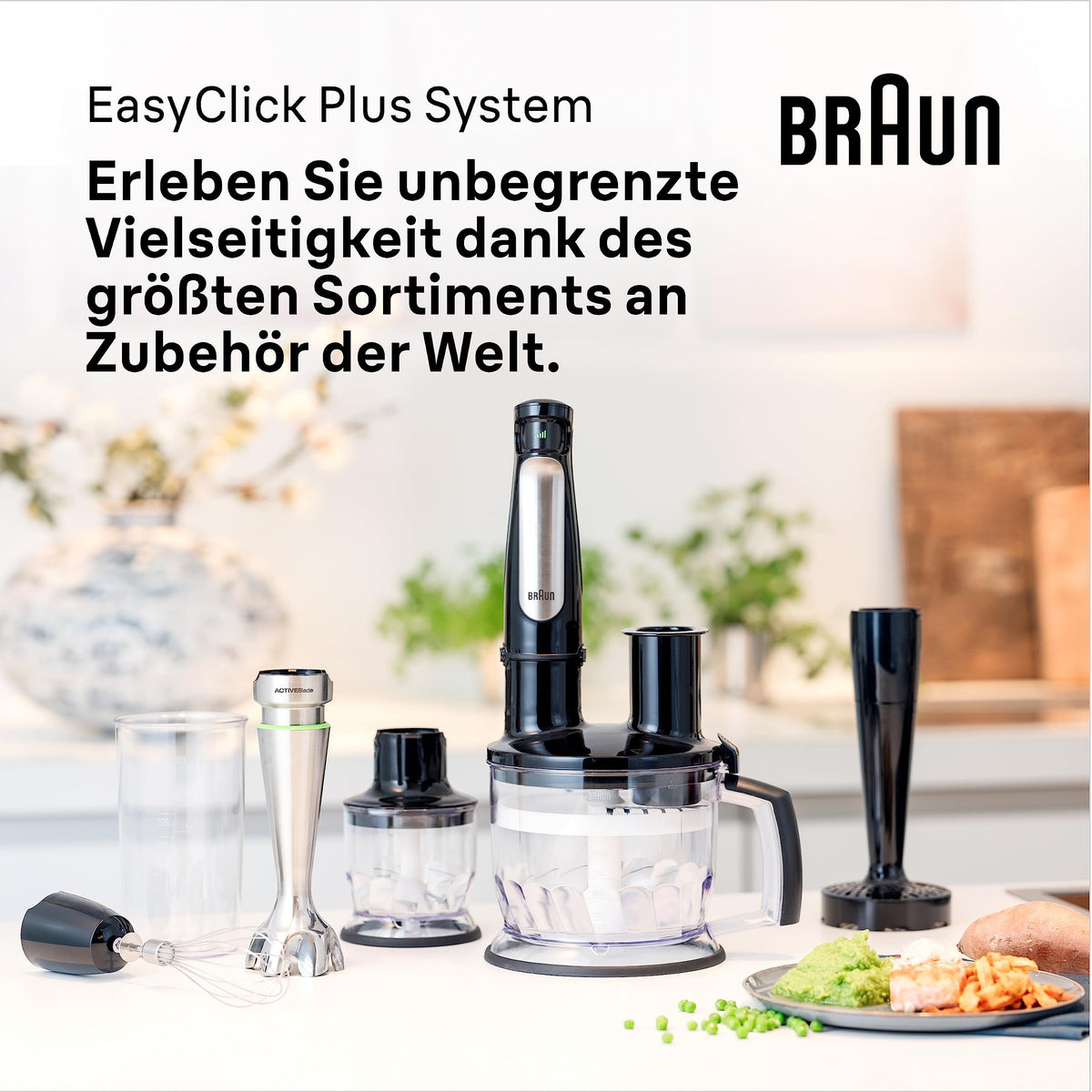 Braun MultiQuick 7 - Hand blender with SplashControl technology, ActiveBlade system, precise speed control, 1.5L kitchen mixer, chopper, whisk, 600 ml cup, 1000W, Black (MQ7087X)