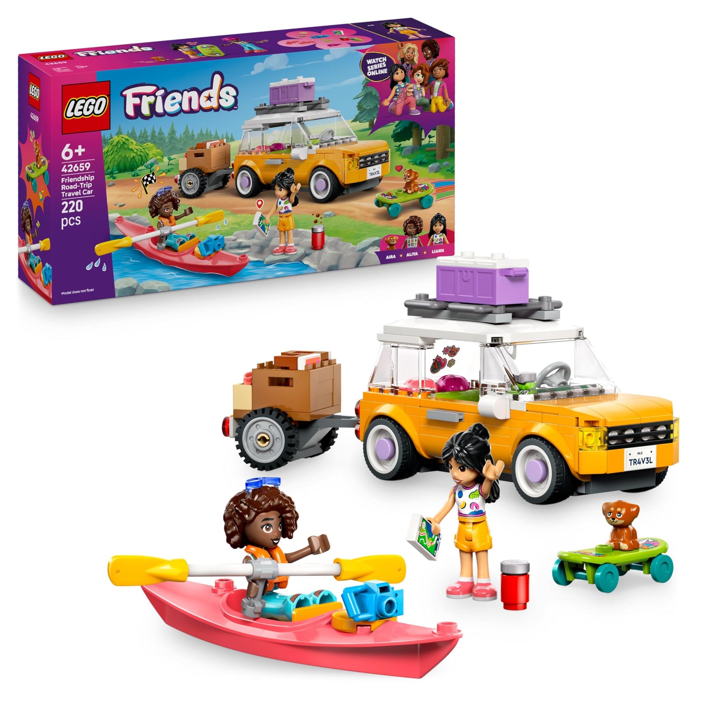 LEGO Friends adventure trip with friends - travel car with trailer - building set with 2 mini dolls, dog figure, kayak & fun accessories - skateboard & roller skates - toy for girls aged 6 and over - 42659