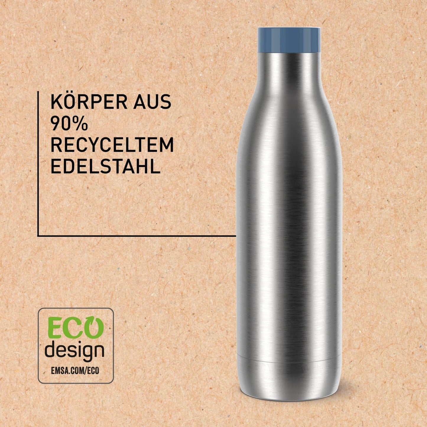 Emsa Bludrop Eco Insulated Drinking Bottle, Reusable, Recycled Stainless Steel, Eco Design, Quick-Press, 12h Hot/24h Cold, 0.7L, Dishwasher Safe, Leakproof, Blue, N3112700