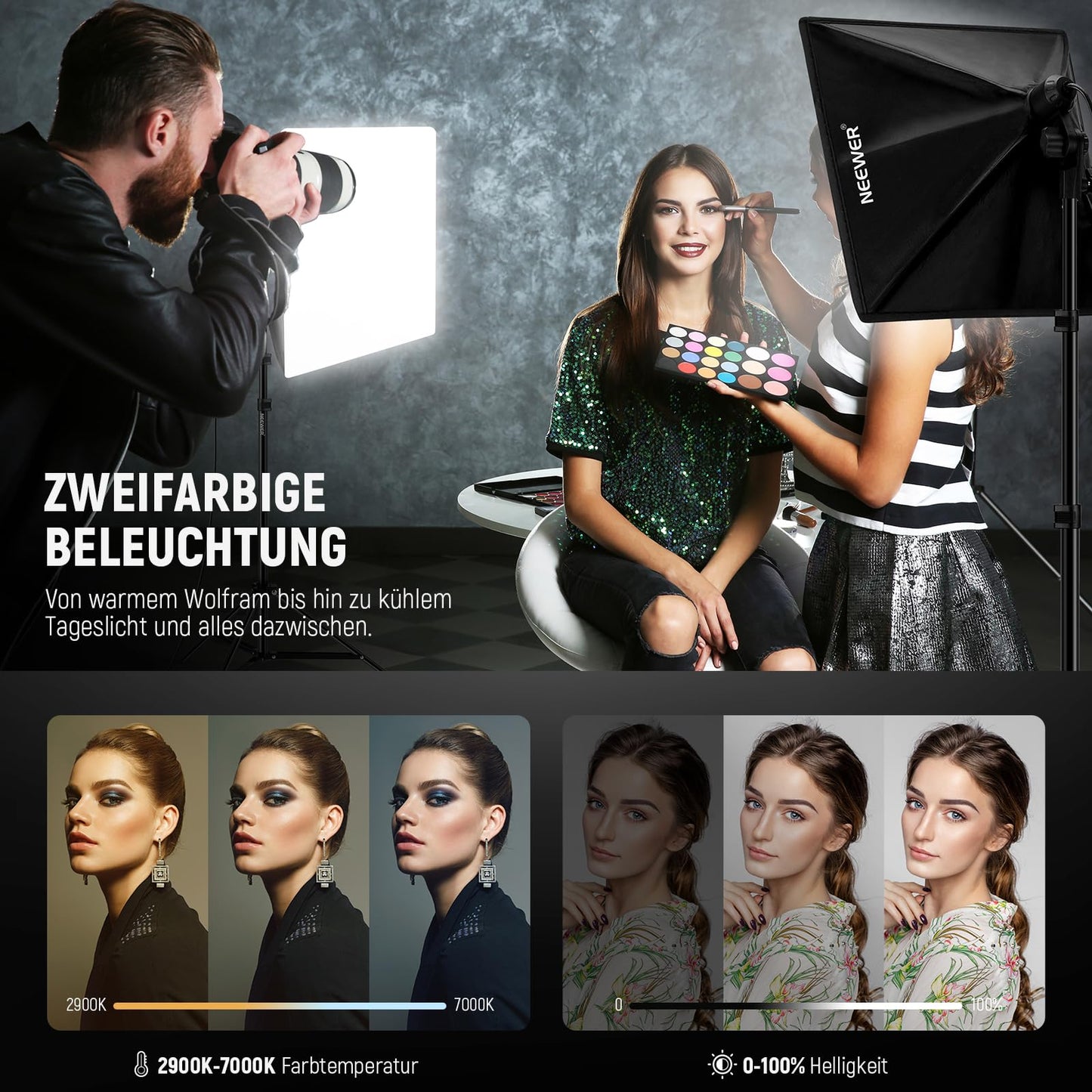 NEEWER softbox lighting set with tripod, 60x60cm soft box set, 45W bi-color 2.4G LED bulb, 20m remote control, 10 channels, 2900K-7000K, 1400lx/1m CRI95 photo studio video recording continuous light, NK104 - 10106926