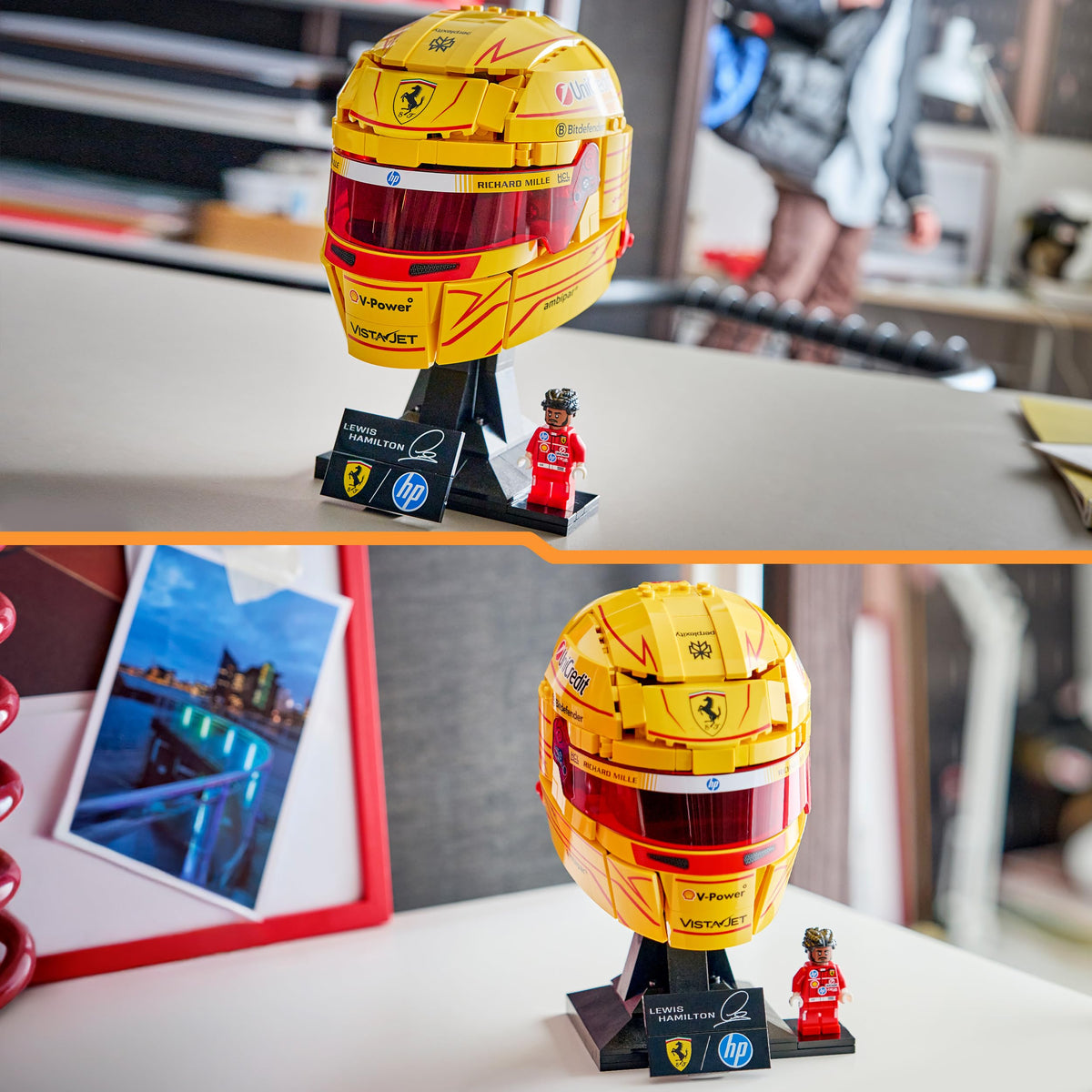 LEGO Editions Scuderia Ferrari HP Lewis Hamilton Helmet - F1 Merchandise - Display Model Kit with Collectible Minifigure - Gift for Boys Aged 14 and Up and Adult Motorsport Fans - 43022