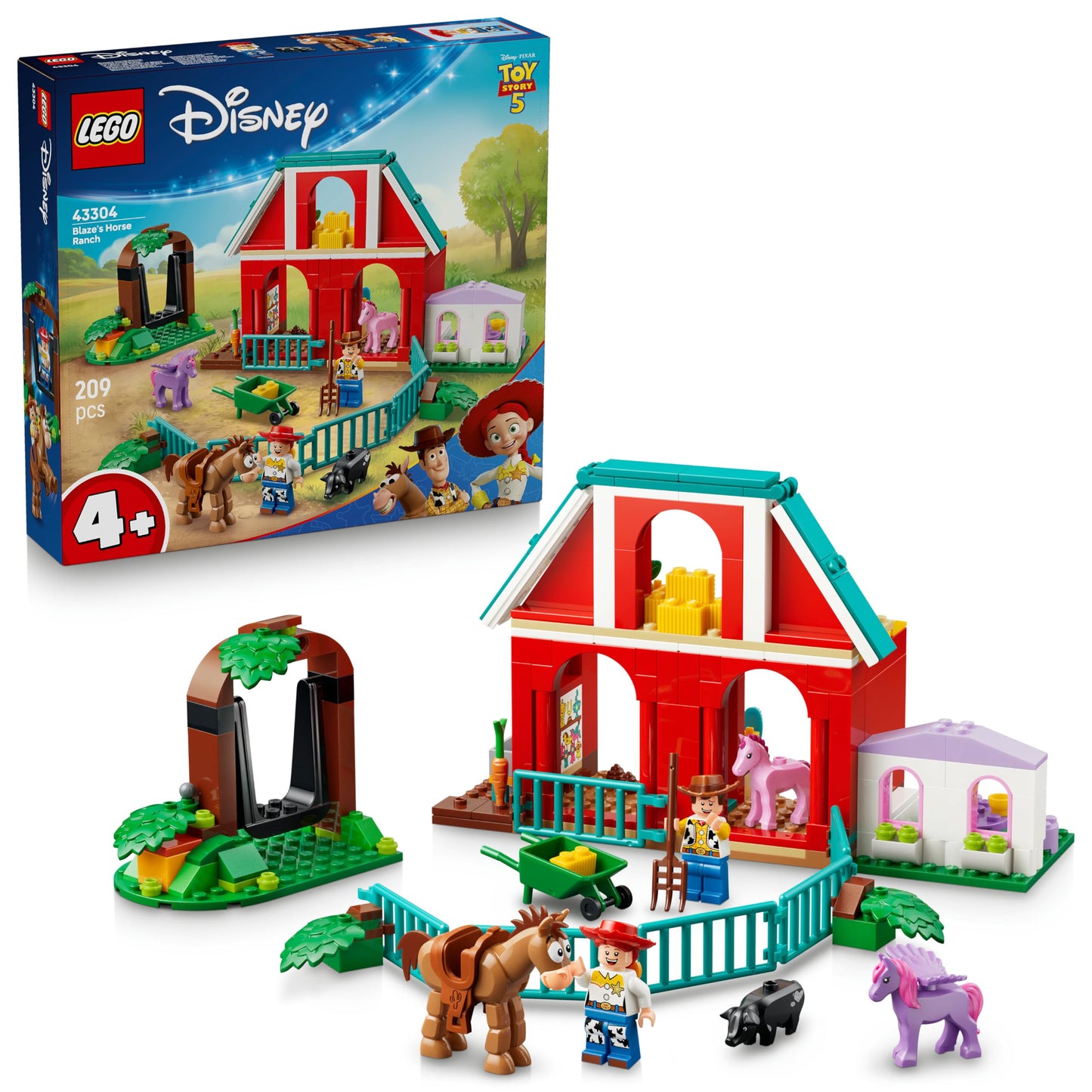 LEGO ǀ Disney and Pixar Toy Story 5 Blazes Horse Ranch Toy - Incl. Woody & Jessie Minifigures - 2 Horses, Pegasus & Pig Animal Figures - Gift for Girls, Boys from 4 Years & Fans - 43304