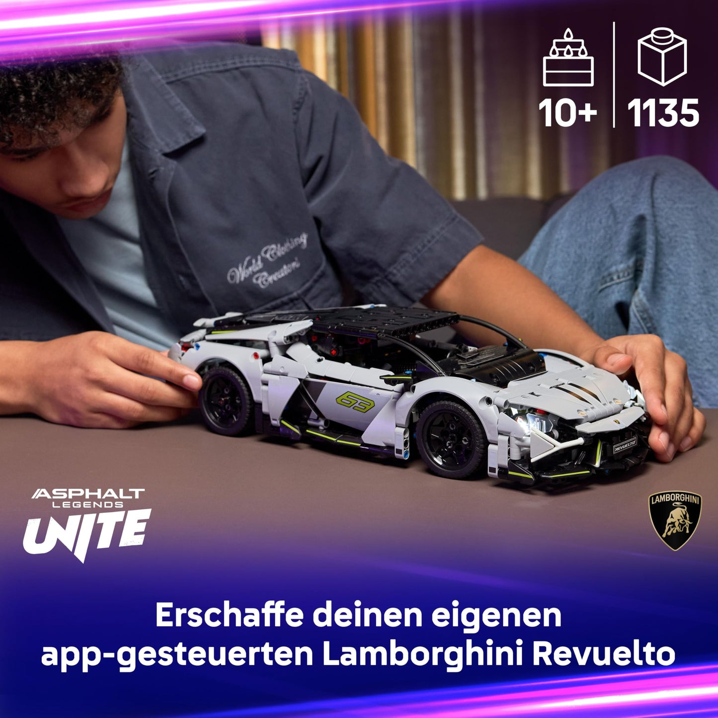 LEGO Technic Lamborghini Revuelto super sports car toy - remote control car model with light functions, steering and rechargeable battery hub - gift for boys aged 10 and over - 42214