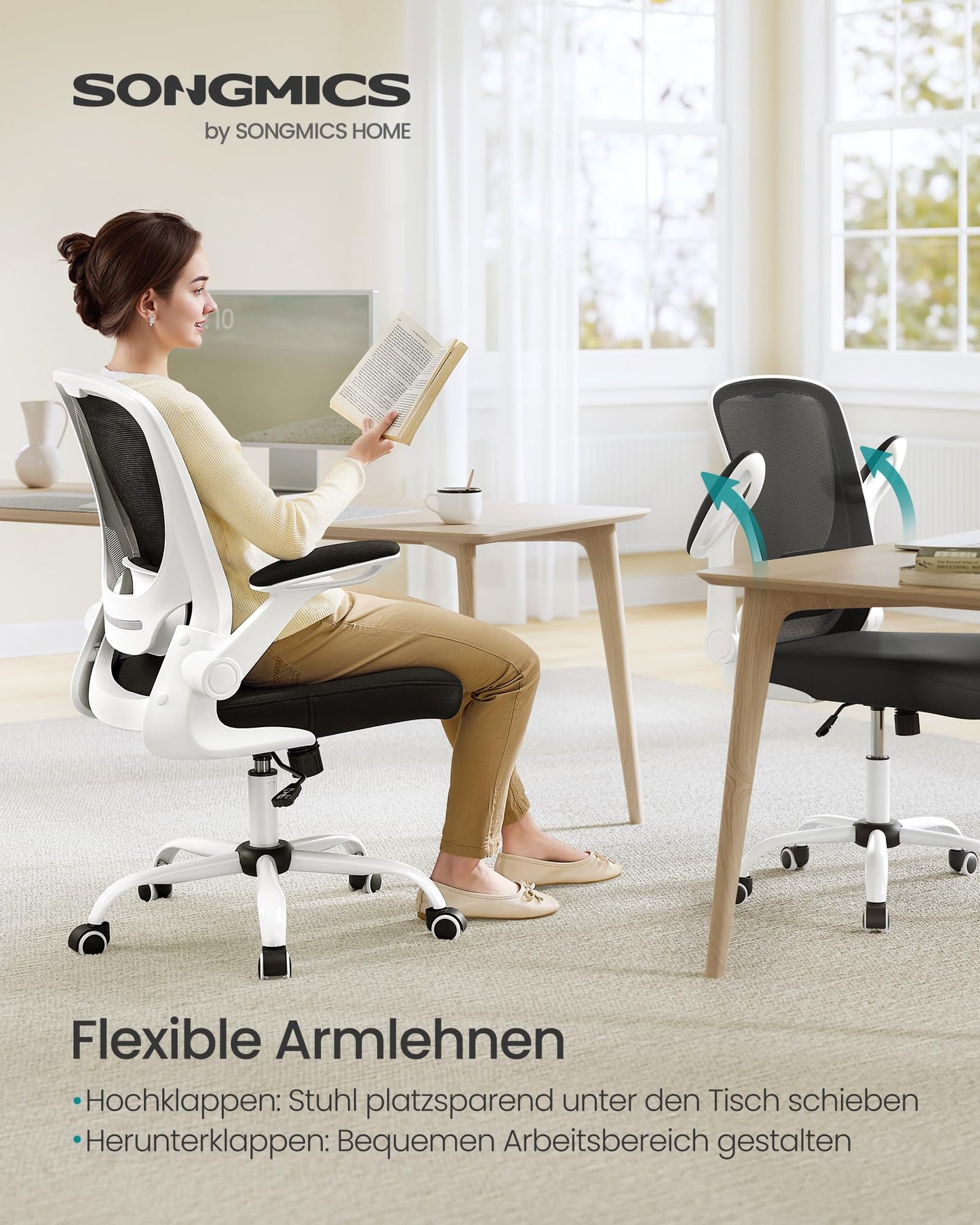 SONGMICS ergonomic office chair, swivel chair with mesh, lumbar support, rocker function, 53 cm seat, folding armrests, study and bedroom, students, black and white OBN37WT