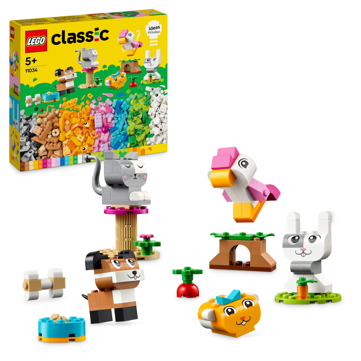 LEGO Classic Creative Pets - Set de cărămizi colorate - Construiește figurine de câine, pisică, iepure, hamster și pasăre - Kit de arte și meșteșuguri pentru băieți și fete de 5 ani și peste - Idee de cadou - 11034