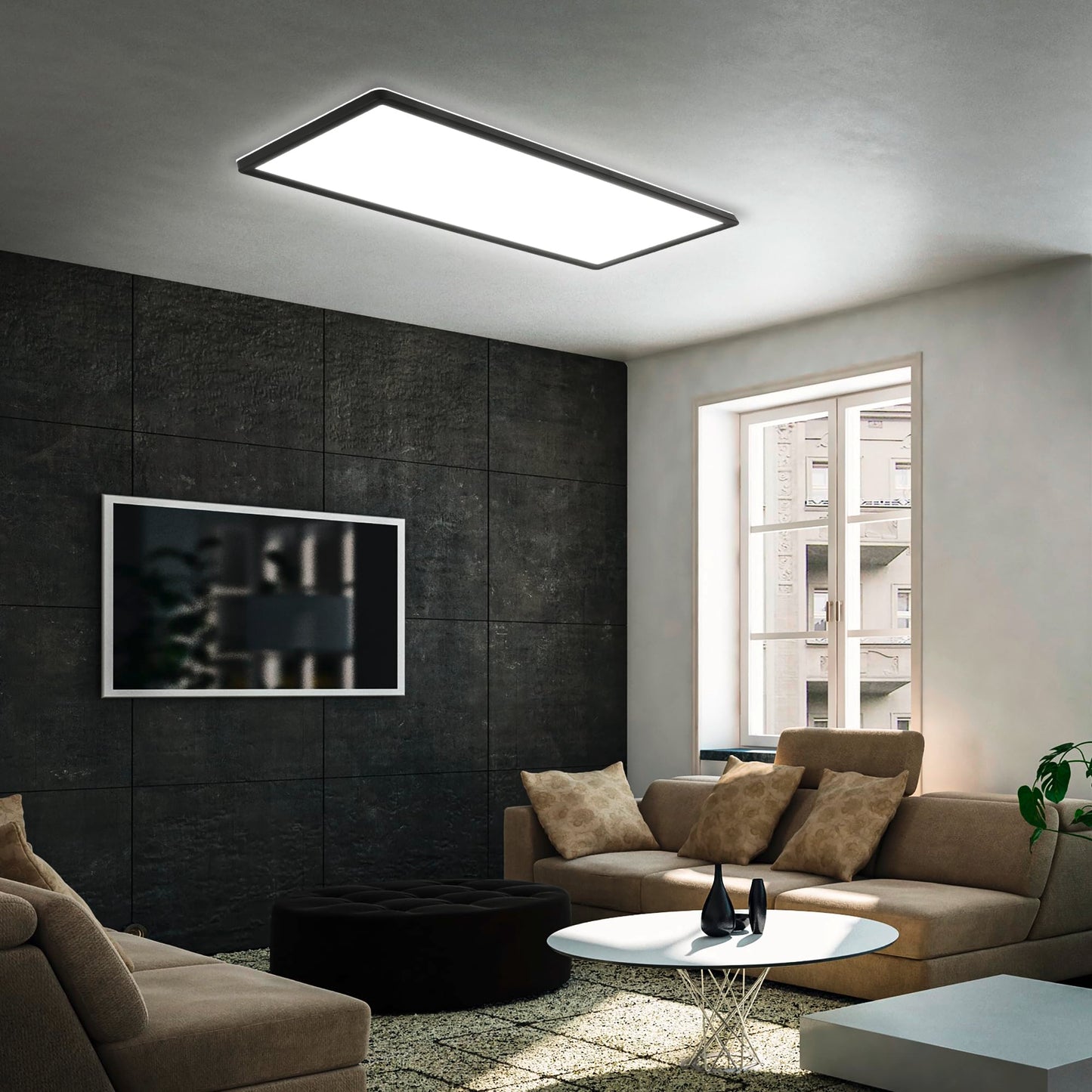 BRILONER - LED ceiling lamp with indirect light, 58x20 cm, flat, 22W 3,000lm, neutral white light color, living room lamp, ceiling light, living room lamp, LED panel, kitchen lamp, bedroom, black - 7402-415