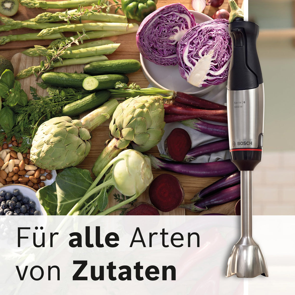 Bosch ErgoMaster Series 6 Hand Blender, 4 stainless steel blades, one-handed operation, wear-free ceramic coupling, durable, air cooling, chopper, potato masher, whisk, 1000 W, MSM6M673
