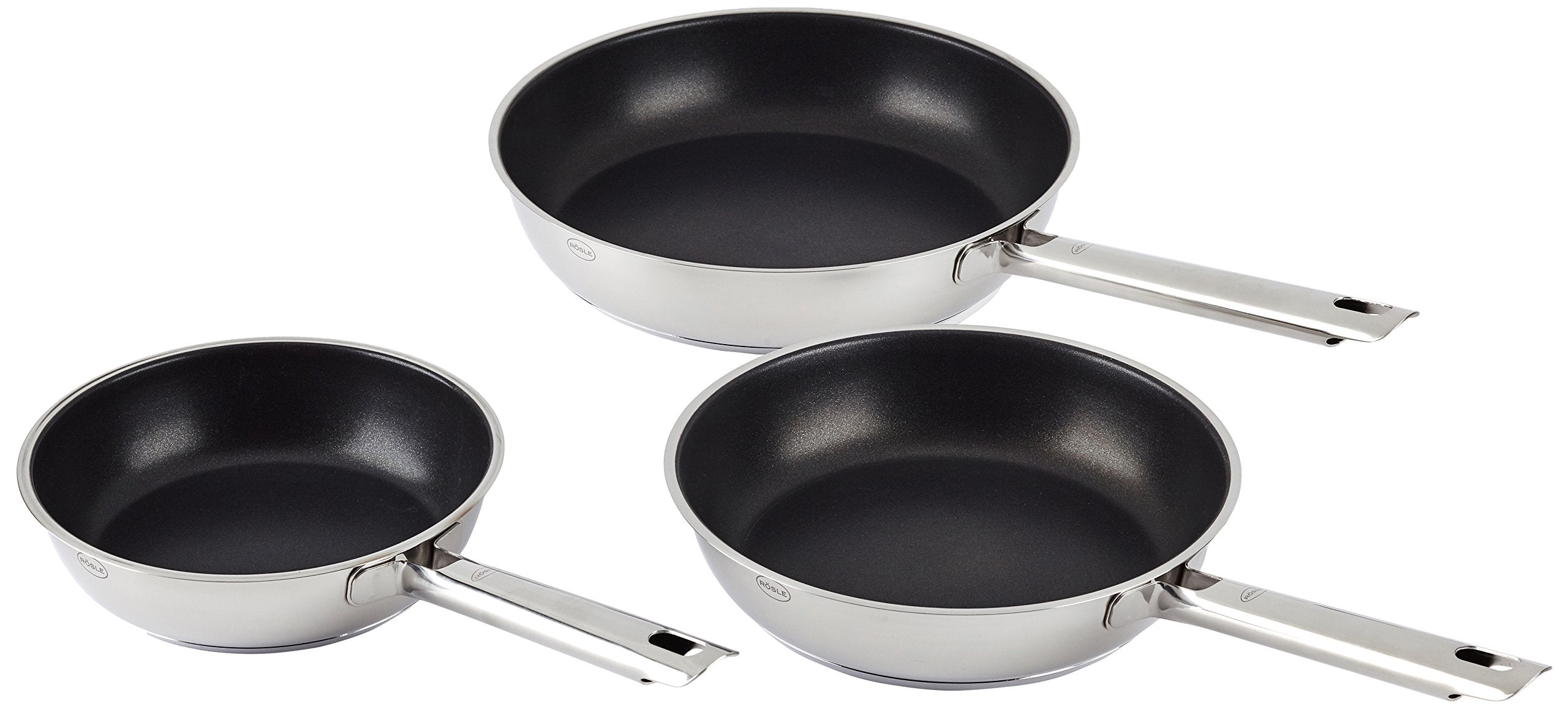 RÖSLE ELEGANCE 3-piece frying pan set, high-quality universal pans with robust ProPlex non-stick coating, 20 cm, 24 cm and 28 cm, 18/10 stainless steel, suitable for induction, dishwasher safe - 13216