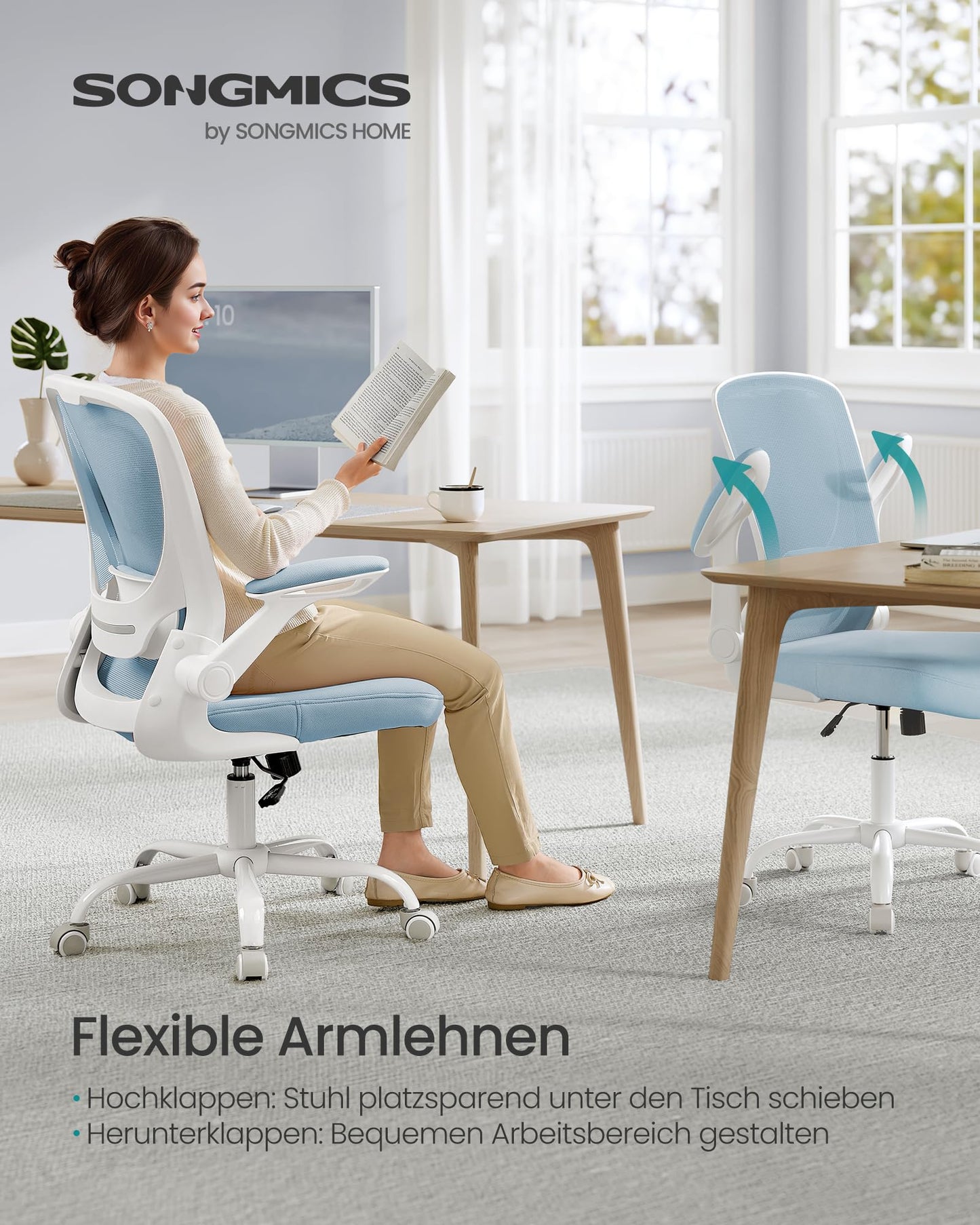 SONGMICS ergonomic office chair, swivel chair with mesh, lumbar support, rocker function, 53 cm seat, folding armrests, study and bedroom, students, fog blue OBN037Q01
