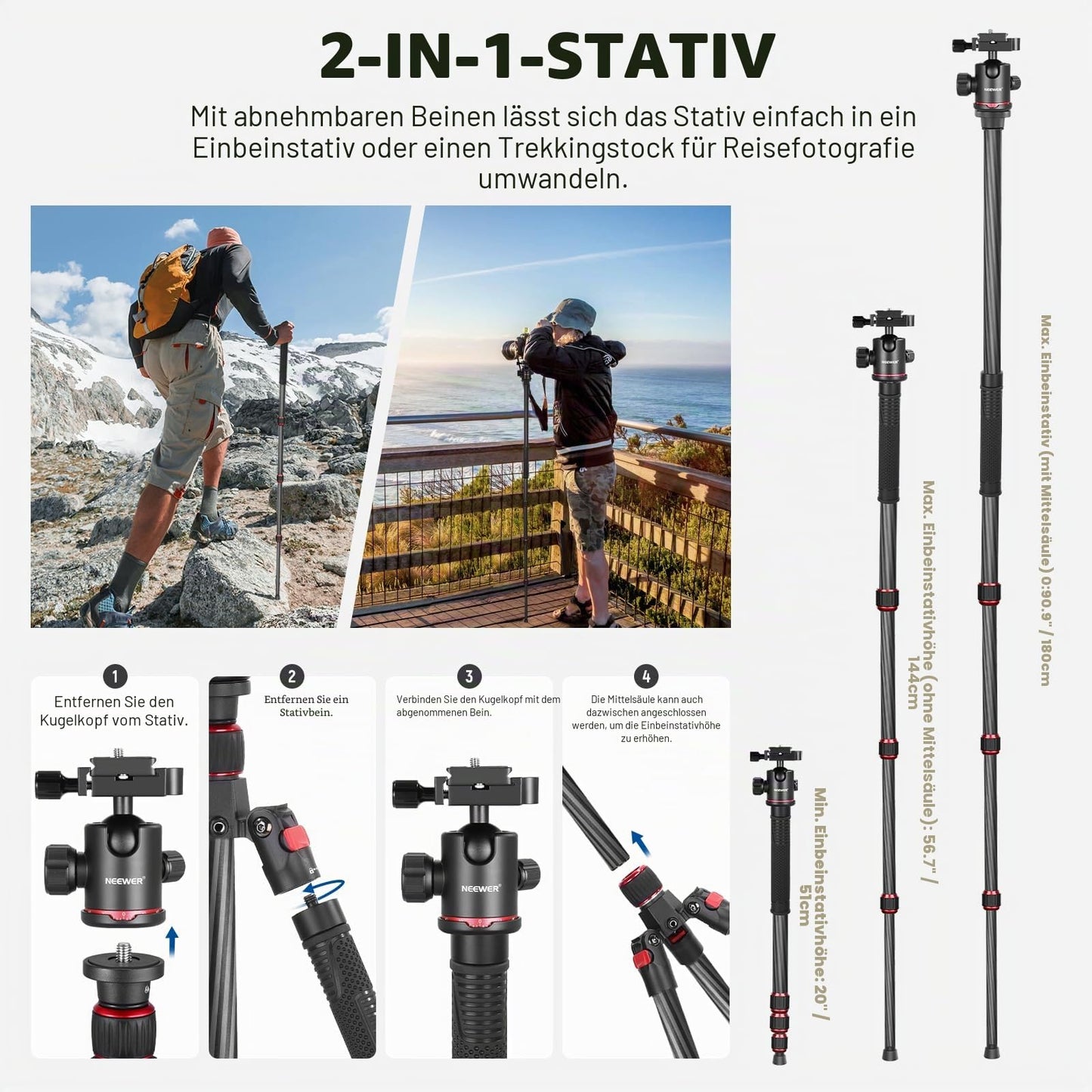 NEEWER 68"/172cm Carbon Tripod Monopod with Center Column, 360° Panorama Ball Head, Arca Type QR Plate, Bag, Compact Lightweight Carbon Fiber Travel Tripod Max Load 26.5lb/12kg, N55C - 10081590@@##1