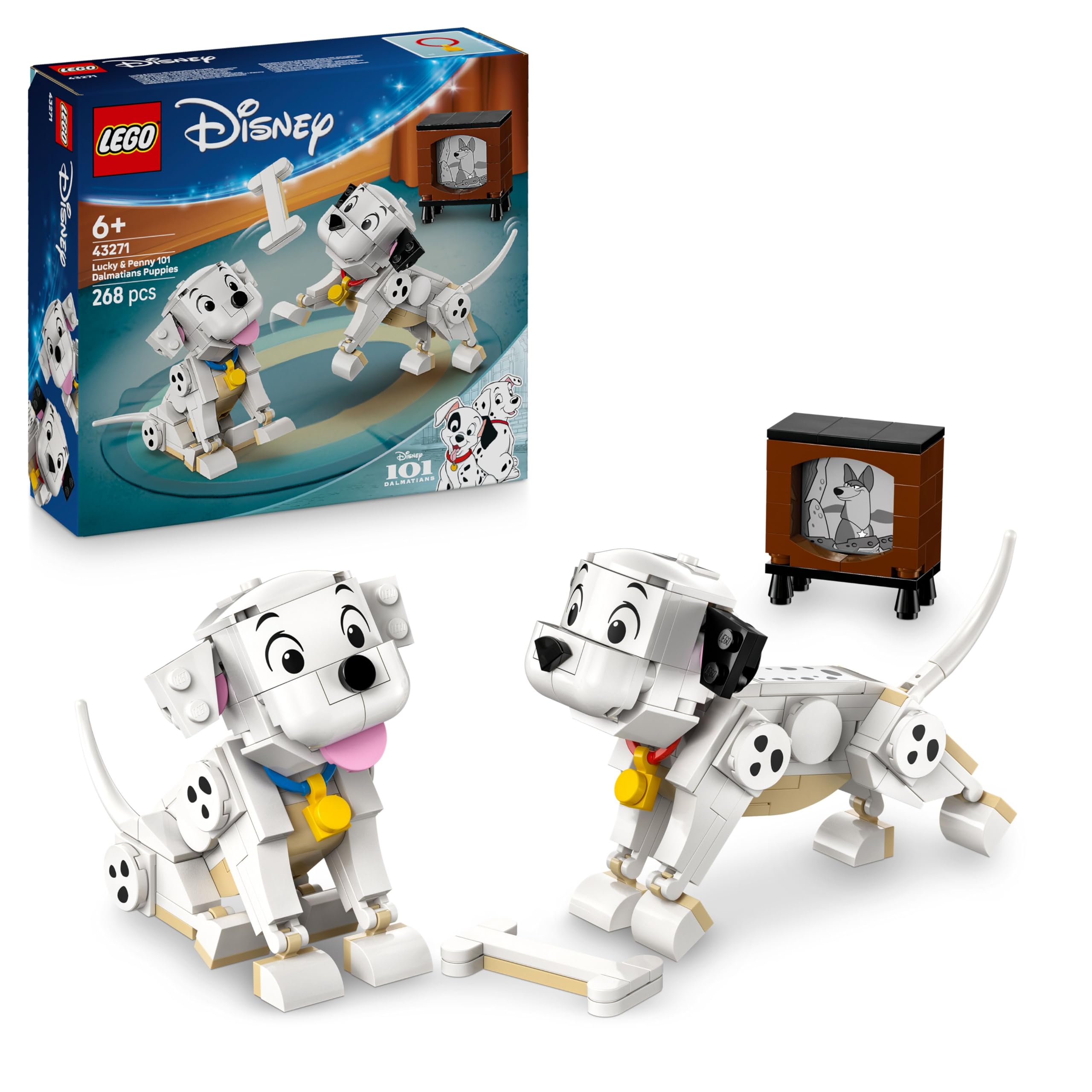 LEGO ǀ Disney Lucky & Penny 101 Dalmatians - Puppy Playset - Animal Figures to Play with Moving Heads, Legs & Tails - Bones & TV - Gift for Girls Ages 6 and Up - 43271