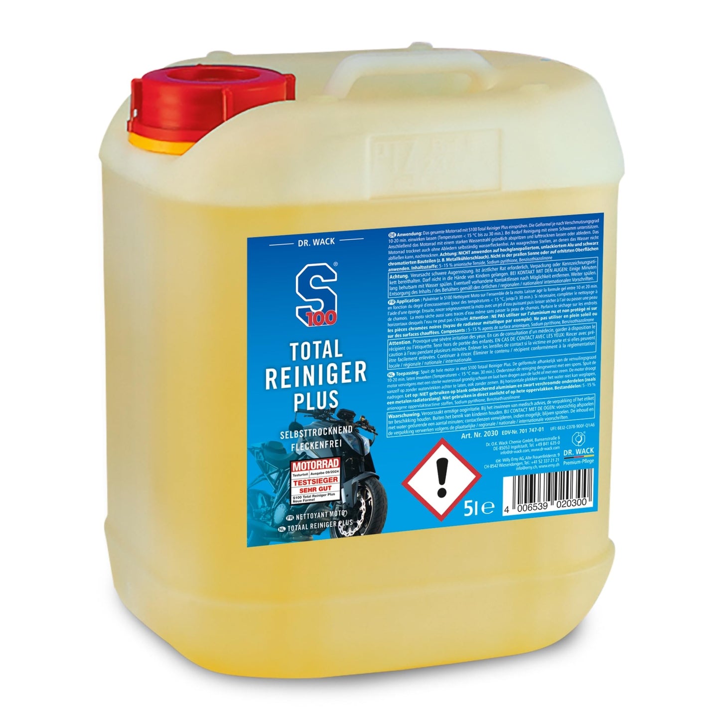Dr. Wack - S100 Total Cleaner Plus 5 liters - Effective motorcycle cleaner with gel formula - Gentle cleaning of dirt - High yield & cleaning power - High-quality motorcycle care - 2030