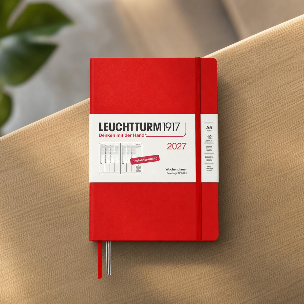 LEUCHTTURM1917 Weekly Planner 2027 Medium (A5) - German, Cherry, 210 x 145 mm, January-December (12 months), weekly overview with hourly grid 7:00-22:00 per column, hardcover, 80 g/m² paper - 400147