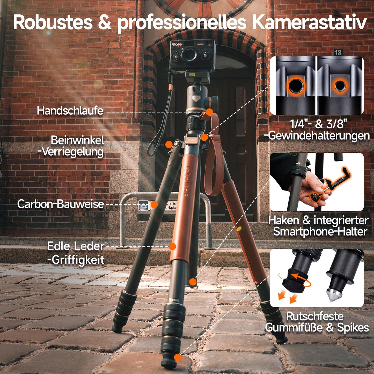 Rollei Camera Tripod C6i Carbon Heritage 174cm Tripod Camera 360° Ball Head Arca Swiss Compatible Tripod with Monopod Function Photo Tripod for DSLR & Smartphone, Camera Tripod Camera Tripod - 21662