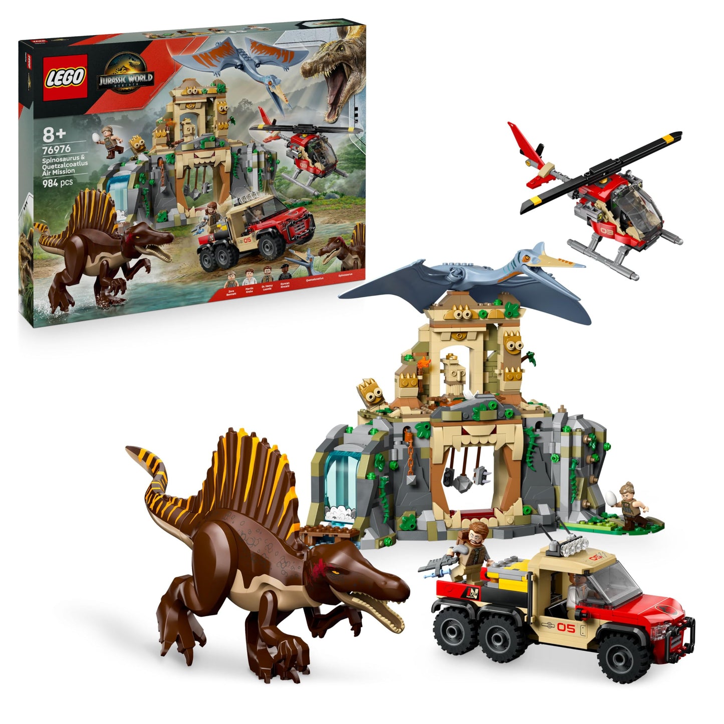 LEGO Jurassic World Spinosaur & Quetzalcoatlus: Helicopter Deployment - 2 Toy Dinosaurs, Helicopter, Truck and 4 Minifigures - Gift for Boys and Girls Ages 8 and Up - 76976