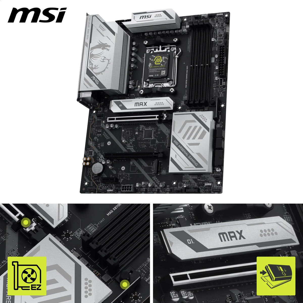 MSI MAG X870E Gaming MAX WiFi Placă de bază, ATX - Suportă procesoare AMD Ryzen 9000/8000/7000, AM5 - Memorie DDR5 Boost (până la 8200+ MT/s OC), PCIe 5.0 x16, M.2 Gen5, Wi-Fi 7, 5G LAN - 7E86-001R