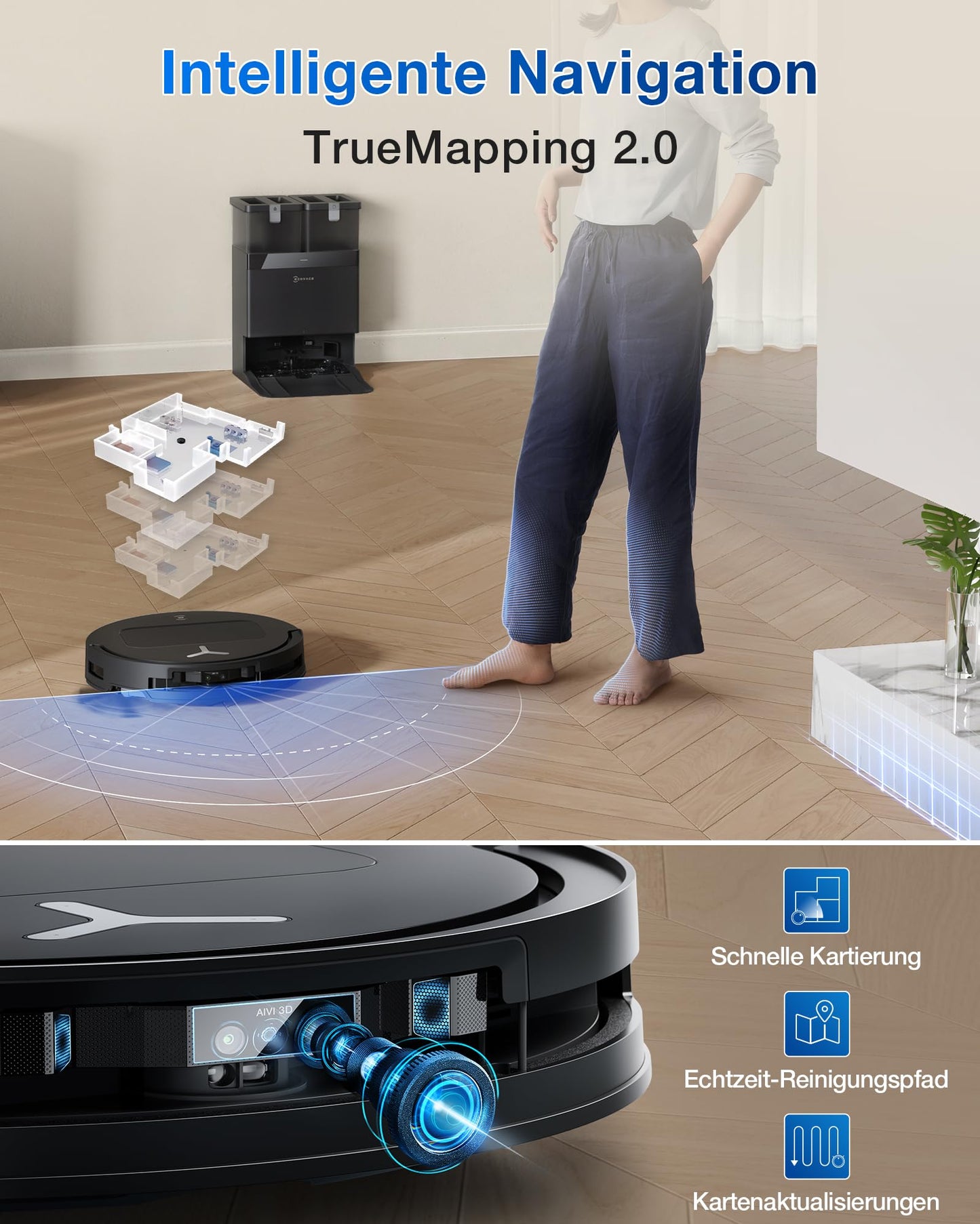 ECOVACS DEEBOT T50 Omni Gen2 robot vacuum cleaner with wiping function, 21,000 Pa, extendable side brush and mop, ZeroTangle 2.0, mop wash with 75°C hot water, all-in-one station, 81 mm, silver black