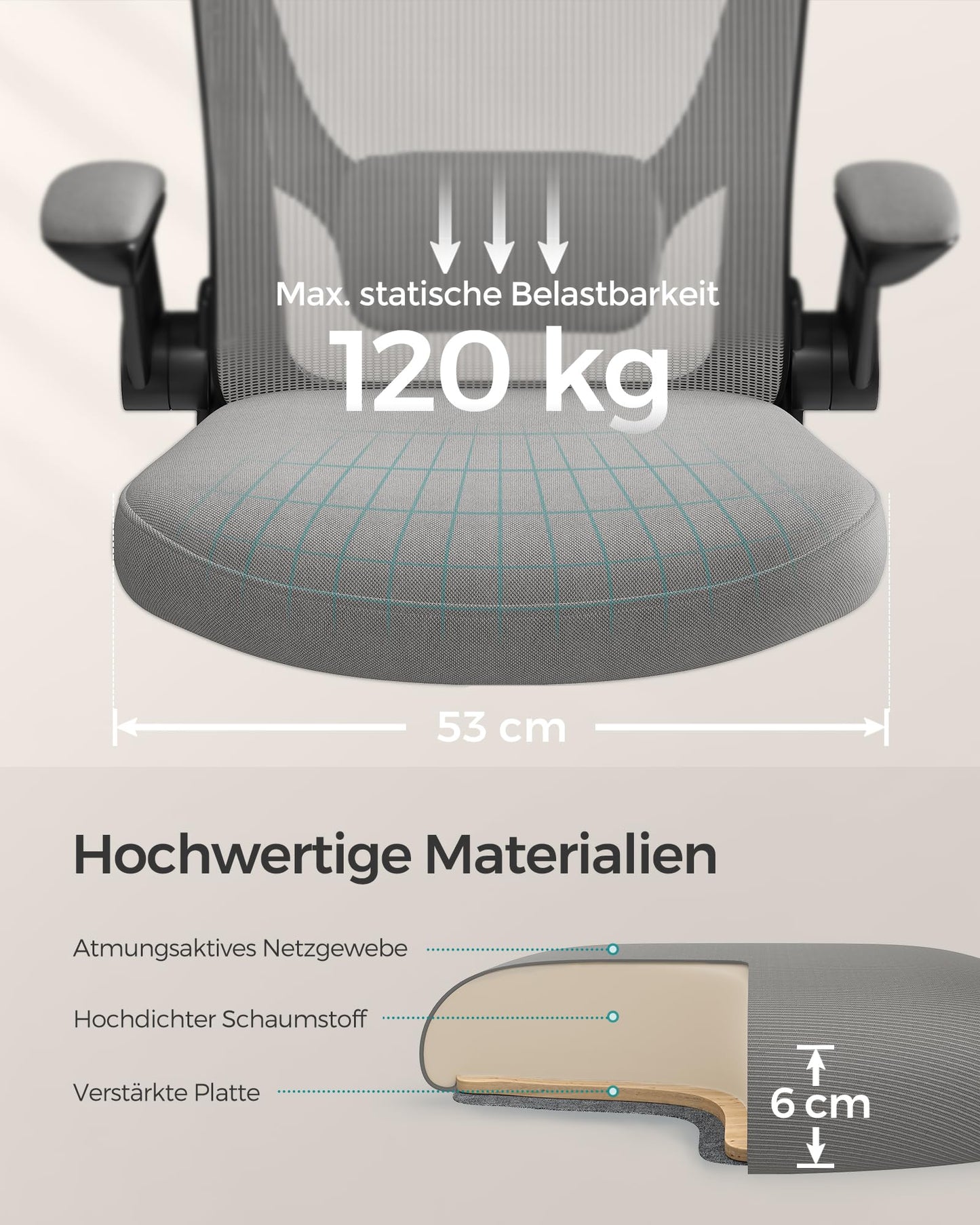 SONGMICS ergonomic office chair, swivel chair with mesh, lumbar support, rocker function, 53 cm seat, folding armrests, study and bedroom, students, dove gray OBN037G01
