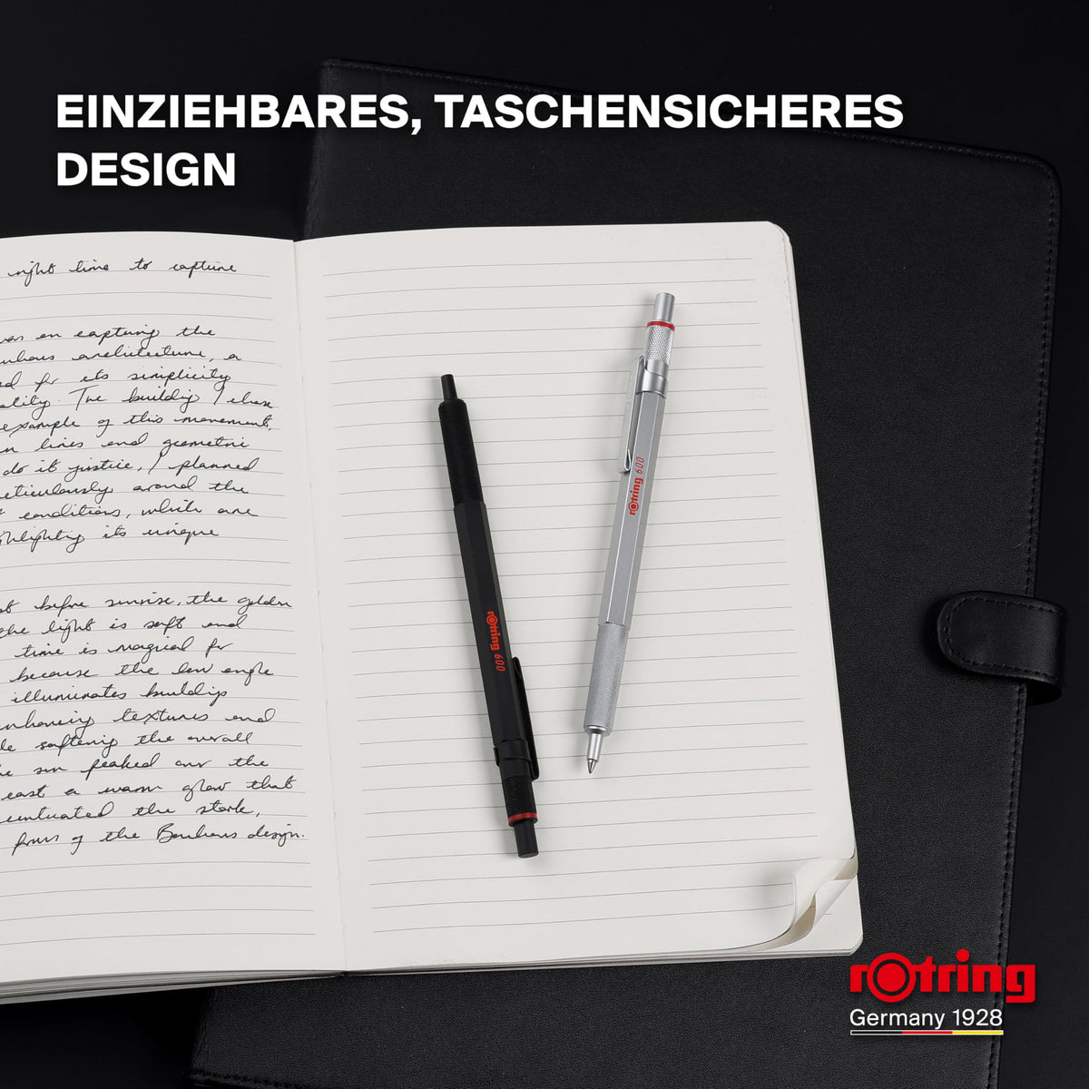 rOtring 600 Gelschreiber | 0,55 mm | Cerneală neagră | Instrument de scris argintiu cu corp metalic | Zonă de prindere antiderapantă, cu striații și corp hexagonal | Reîncărcabil - SAP_2196011