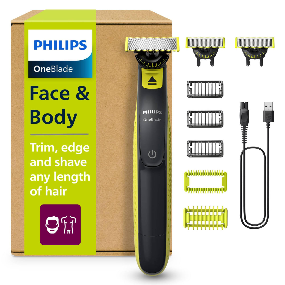 PHILIPS OneBlade 360 Face & Body - aparat de ras electric, trimmer și bodygroomer, 3x lame 360, 3x capete de tăiere (1/3/5 mm), 2x capete pentru corp, ras umed și uscat pentru față și corp (QP2824/31)