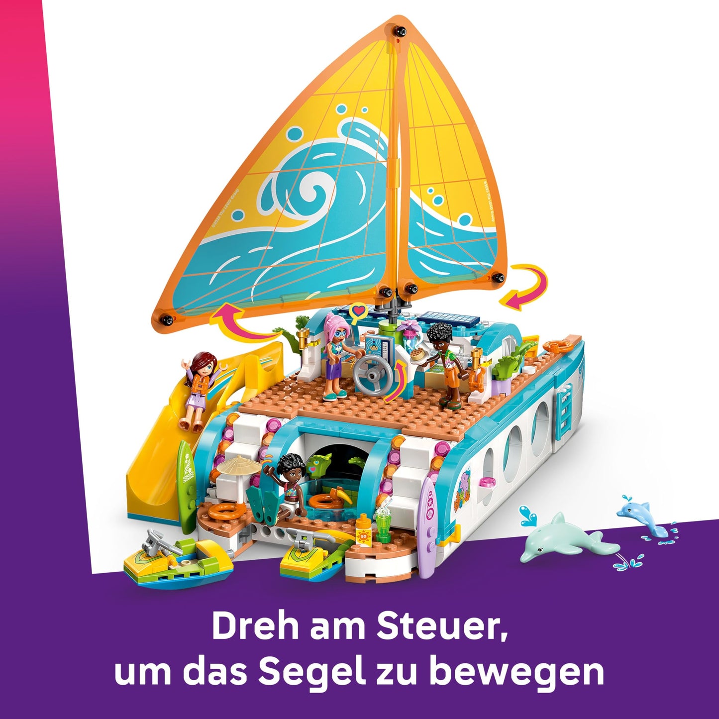 LEGO Friends sailing adventure set - toy including boat with rotating sail, 4 mini dolls and 2 dolphin figures as well as fun accessories - creative birthday gift for girls aged 8 and over - 42664