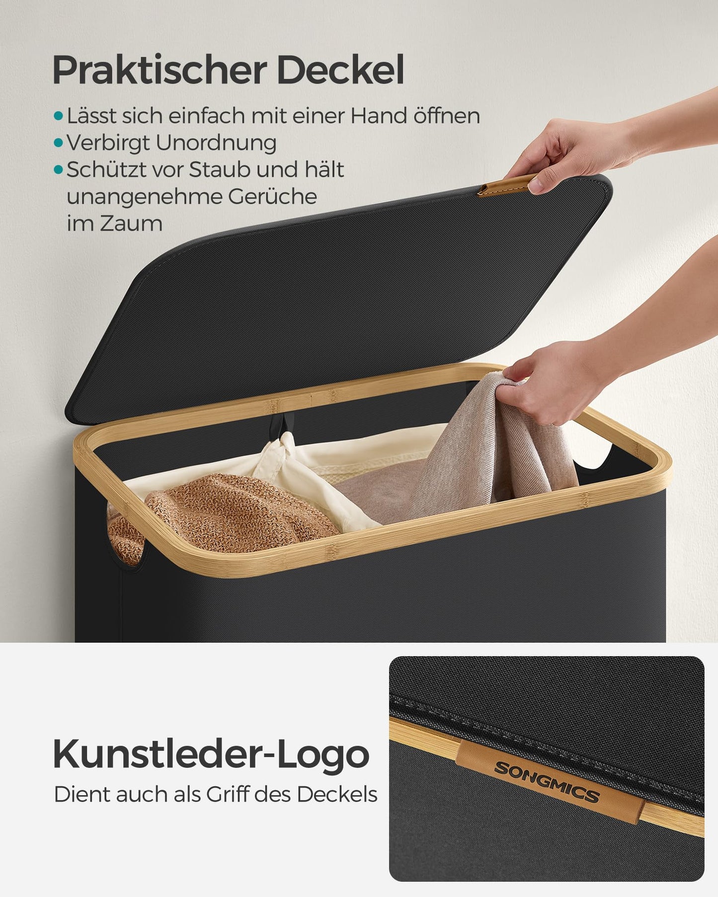 SONGMICS 130L Oxford Fabric Laundry Basket with Lid with 2 Compartments - LCB513G01V1