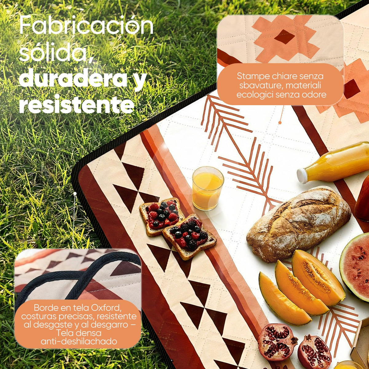 Pătură de picnic Sekey Boho Impermeabilă 200 x 200 cm Pătură de plajă fără nisip | Structură căptușită, cu trei straturi, bază impermeabilă PEVA, curea de transport cu cureaua de cravată, potrivită pentru picnic, camping, plajă - PM22