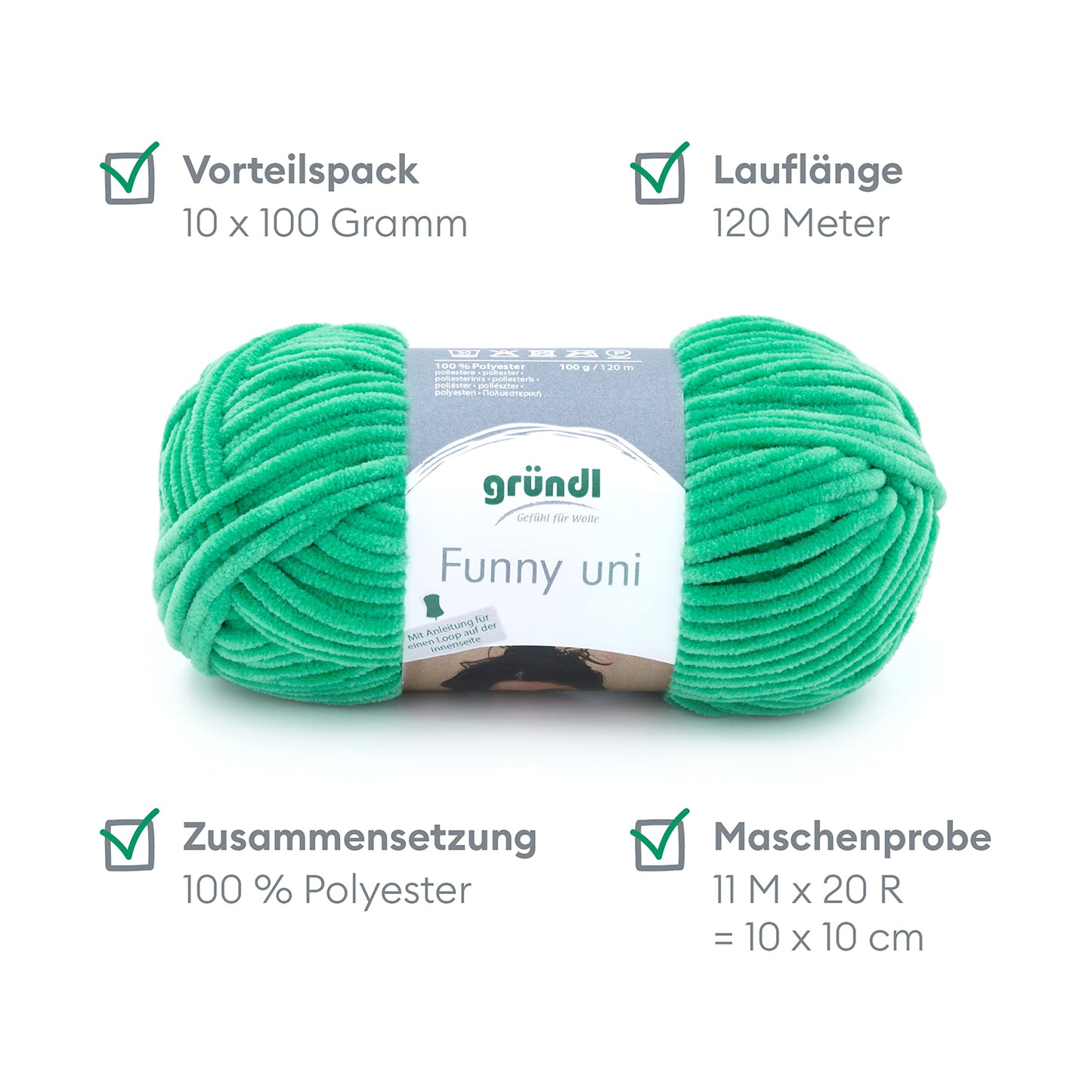 Gründl Wolle Funny uni - soft chenille wool for crocheting - cuddly and skin-friendly - 100% polyester - 10 balls 100 g / 120 m - needle size 5-6, emerald - 3442-15