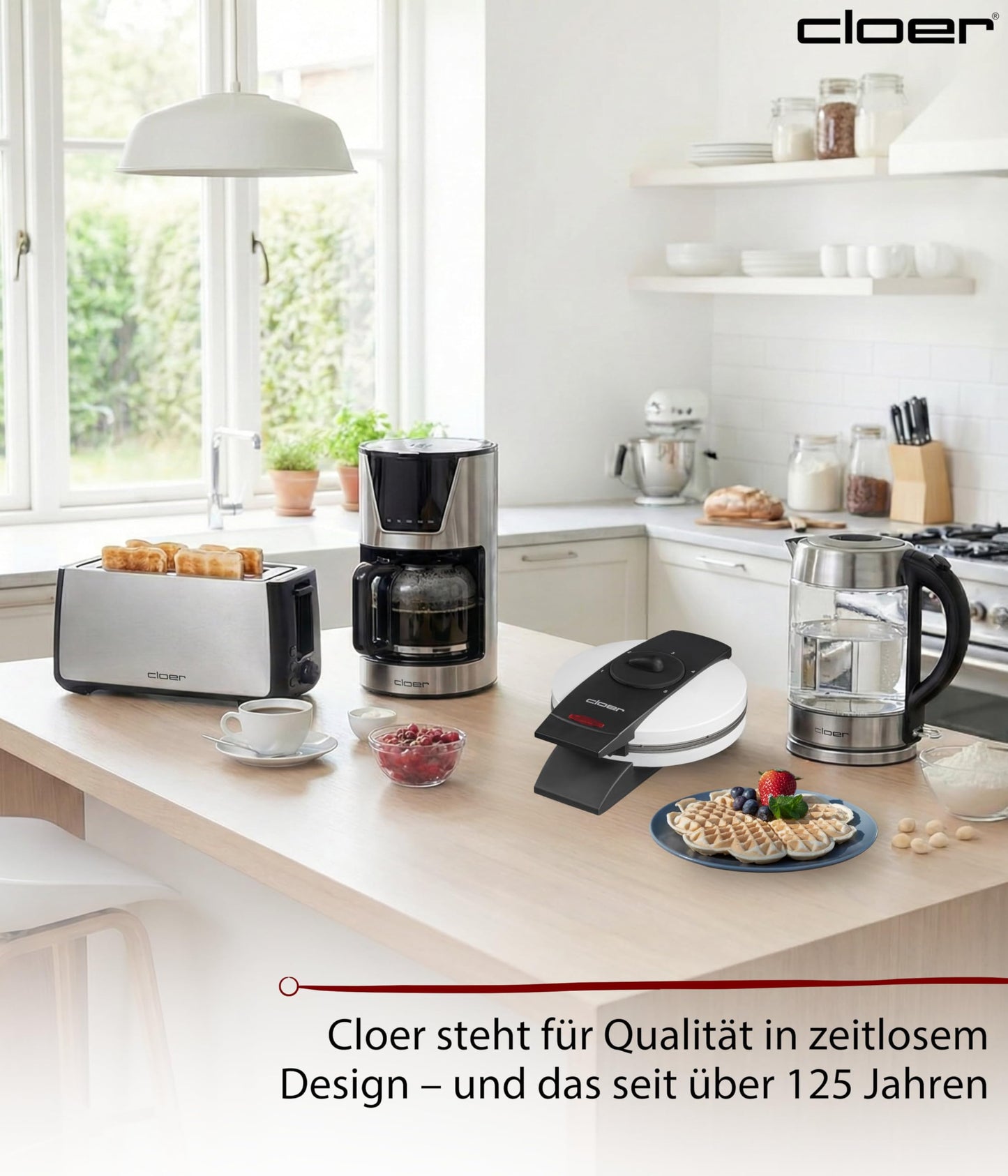 Cloer 1621 waffle iron for classic heart waffles, 930 W, waffle size 15.5 cm, continuously selectable browning level, white, metal