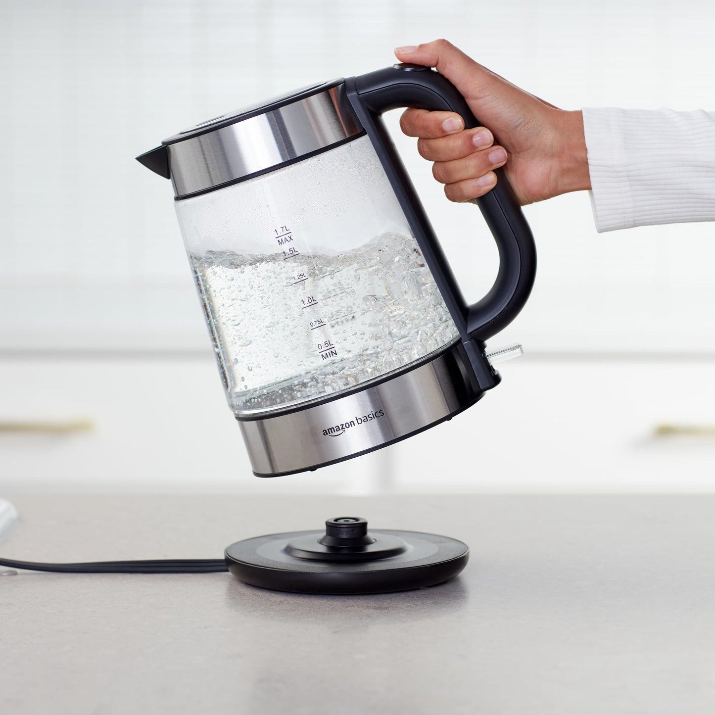 Amazon Basics 1.7L 2200W Glass Electric Kettle Black Silver - F-625GS