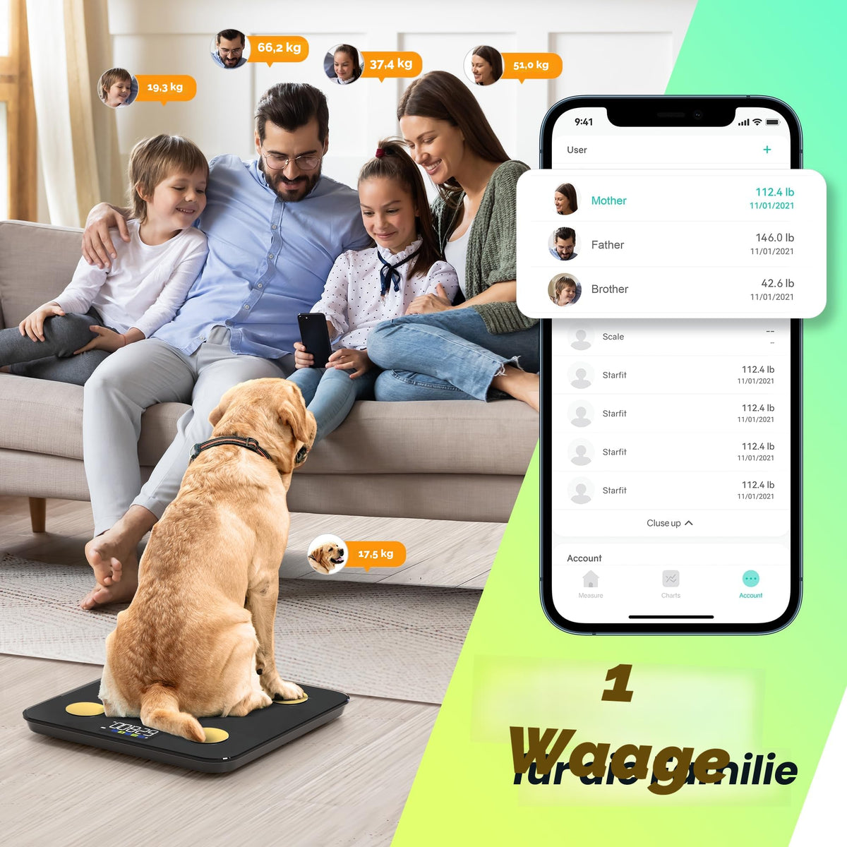 RunSTAR Cântar de grăsime corporală, cântar digital pentru persoane cu display mare, analizor pentru 13 valori esențiale ale corpului, cu sincronizare prin aplicație, Negru Aurit - FG2210-G