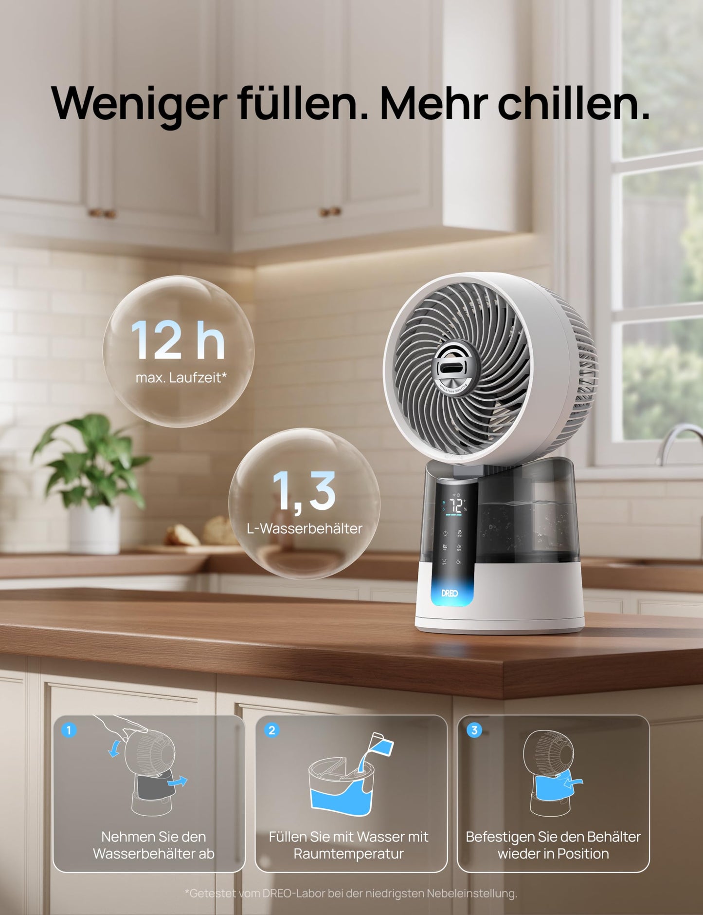 DREO TurboCool Mist Fan 516S, table fan with 150°+30° oscillation, evaporative cooler, 7.9 m/s, ultra-fine mist, 20 dB quiet, 6 speeds, 2 modes, app & remote control, RGB, white - DR-HEC006S
