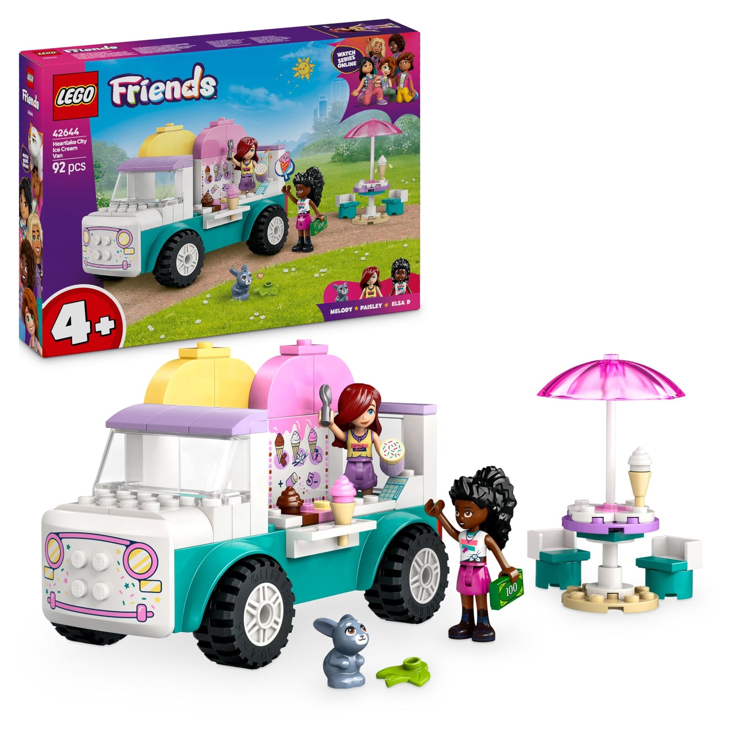 LEGO Friends Heartlake City Ice Cream Truck, role-play playset, building set with 2 toy figures and a bunny, toy for girls aged 4 and up, building toy with character minifigures 42644
