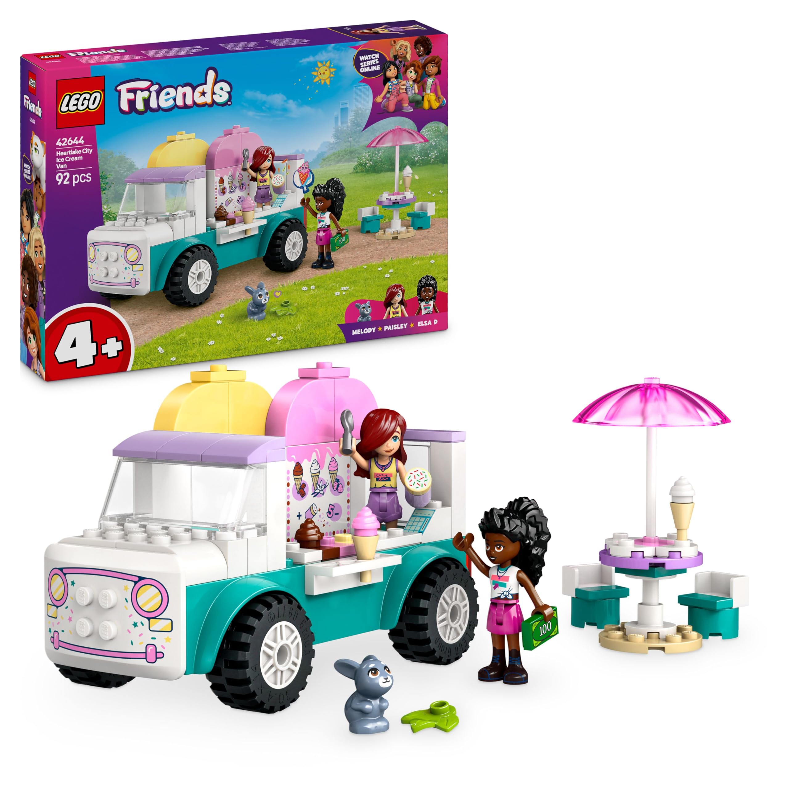 LEGO Friends Heartlake City Ice Cream Truck, role-play playset, building set with 2 toy figures and a bunny, toy for girls aged 4 and up, building toy with character minifigures 42644
