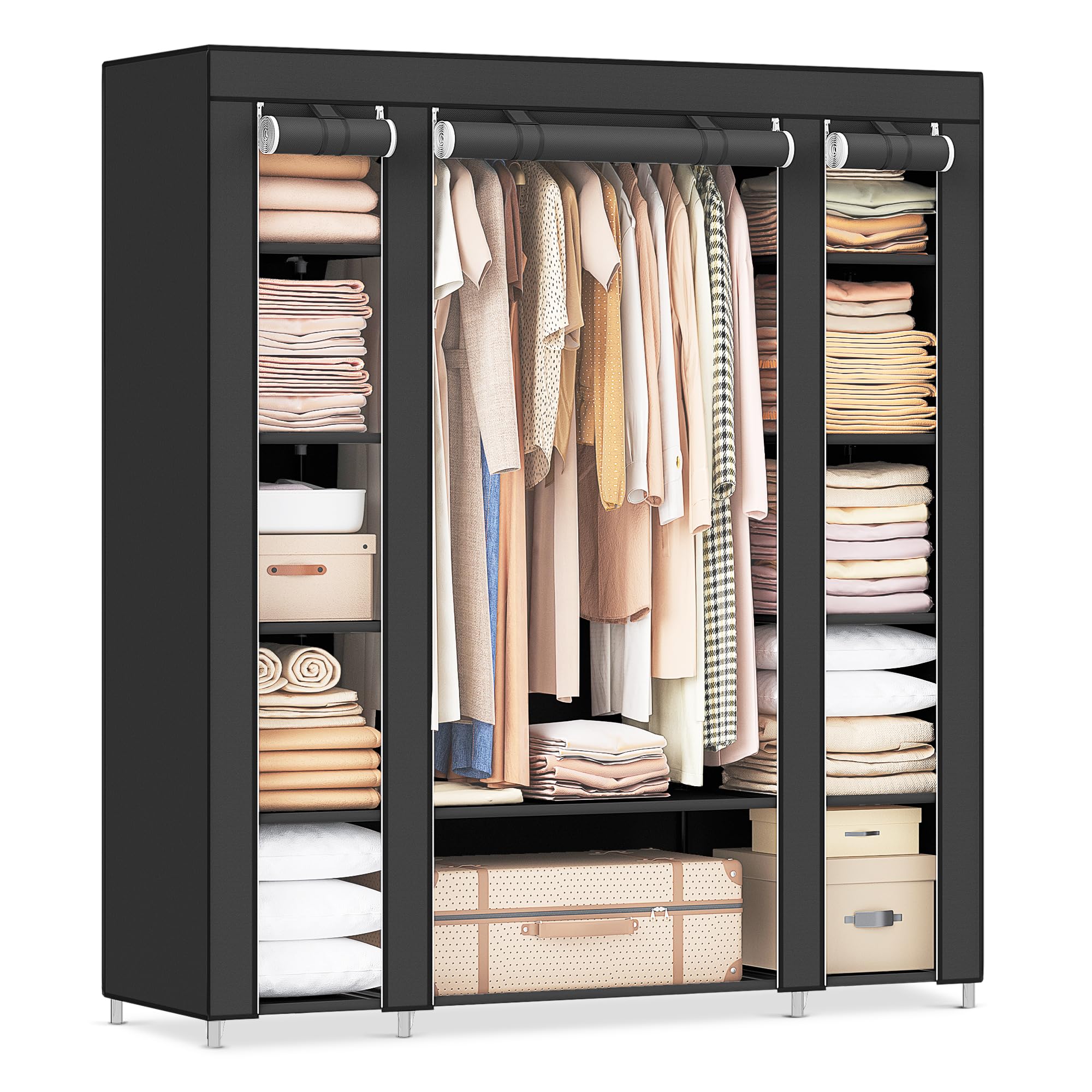 SONGMICS wardrobe, fabric cabinet, with clothes rail and shelves, fabric cover, for bedroom, dressing room, 150 x 45 x 175 cm, black LSF03H