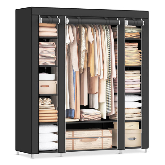 SONGMICS wardrobe, fabric cabinet, with clothes rail and shelves, fabric cover, for bedroom, dressing room, 150 x 45 x 175 cm, black LSF03H