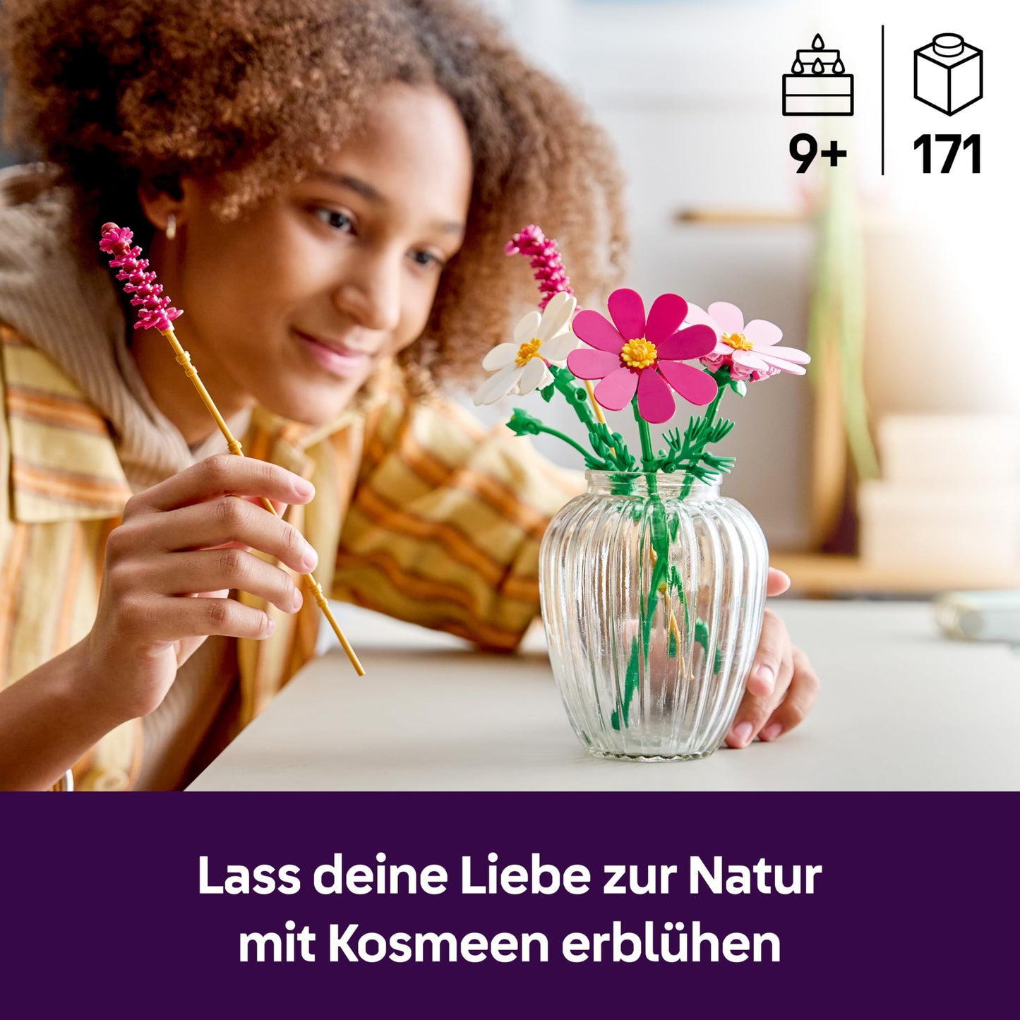 LEGO Botanicals Kosmeen - Artificial flower bouquet with 3 cosmos and 2 Pennisetum grass stems - DIY artificial flowers for children's room decoration - Birthday gift for girls aged 9 and up & adults - 11514
