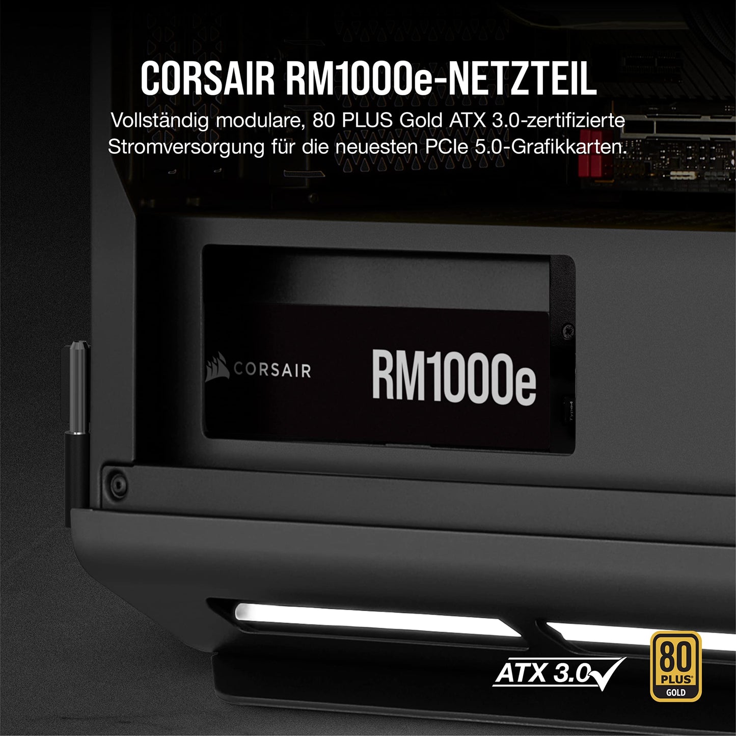 Corsair RM1000e (2023) Fully Modular Low Noise ATX Power Supply - ATX 3.1 and PCIe 5.1 Compatible - 105°C Capacitors - 80 PLUS Gold Efficiency - Modern Standby Support - Black - CP-9020264-EU