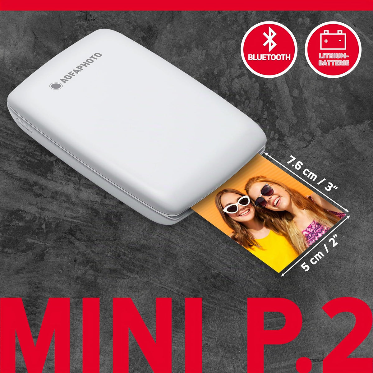 AGFA PHOTO Mini P.2 - Imprimantă Portabilă Zink pentru Fotografii Instantanee, Format 5x7,6 cm, Conexiune Bluetooth, Compatibilă iOS/Android, 10 Foi Zink Incluse - Alb - IMPRIMANTE
