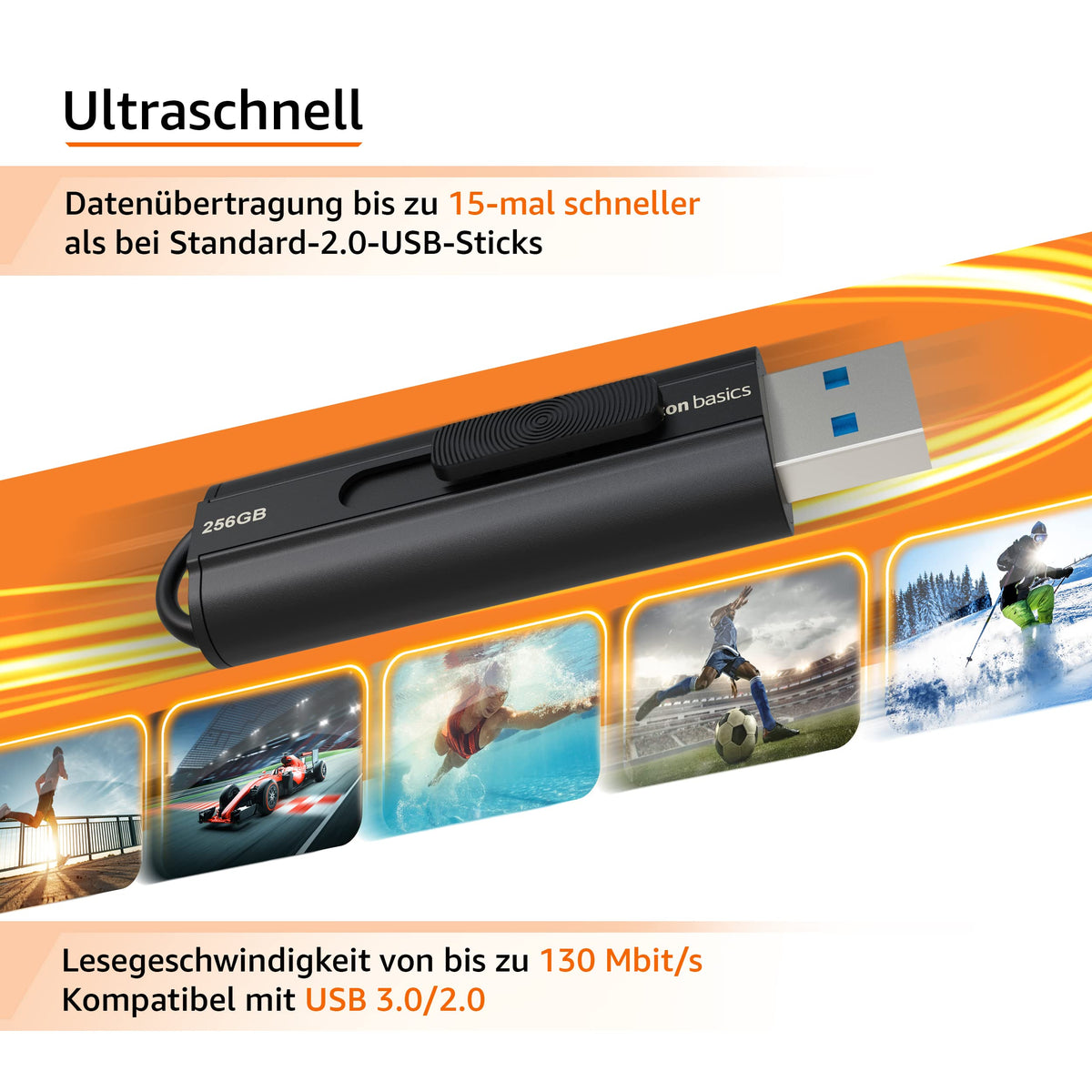 Amazon Basics USB-Stick 256 GB cu USB 3.0, până la 130 MB/s viteză de citire, Negru - LS21USB256G1