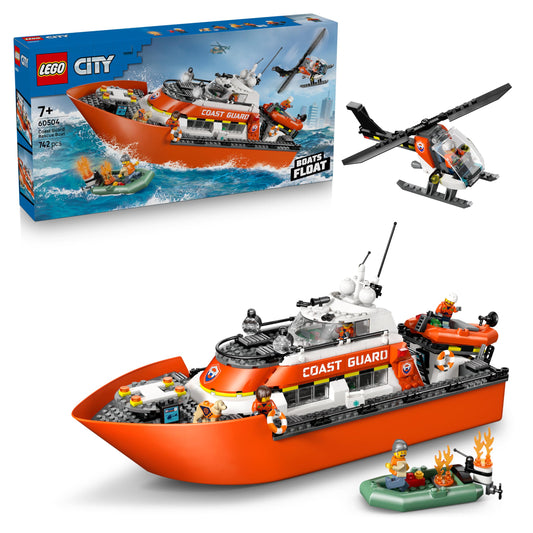 LEGO City Coast Guard Rescue Boat with Helicopter - Toy Emergency Vehicle - Set with Floating Ship, 5 Minifigures and Dog Figure - Birthday Gift for Boys Ages 7 and Up - 60504