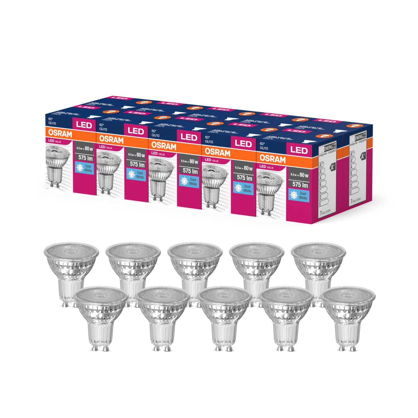 Osram LED Star Value PAR16 LED lamp for GU10 base, reflector lamp, GL, 575 lumens, cold white (4000K), replacement for conventional 80W light bulbs, not dimmable, pack of 10 - 4058075096790