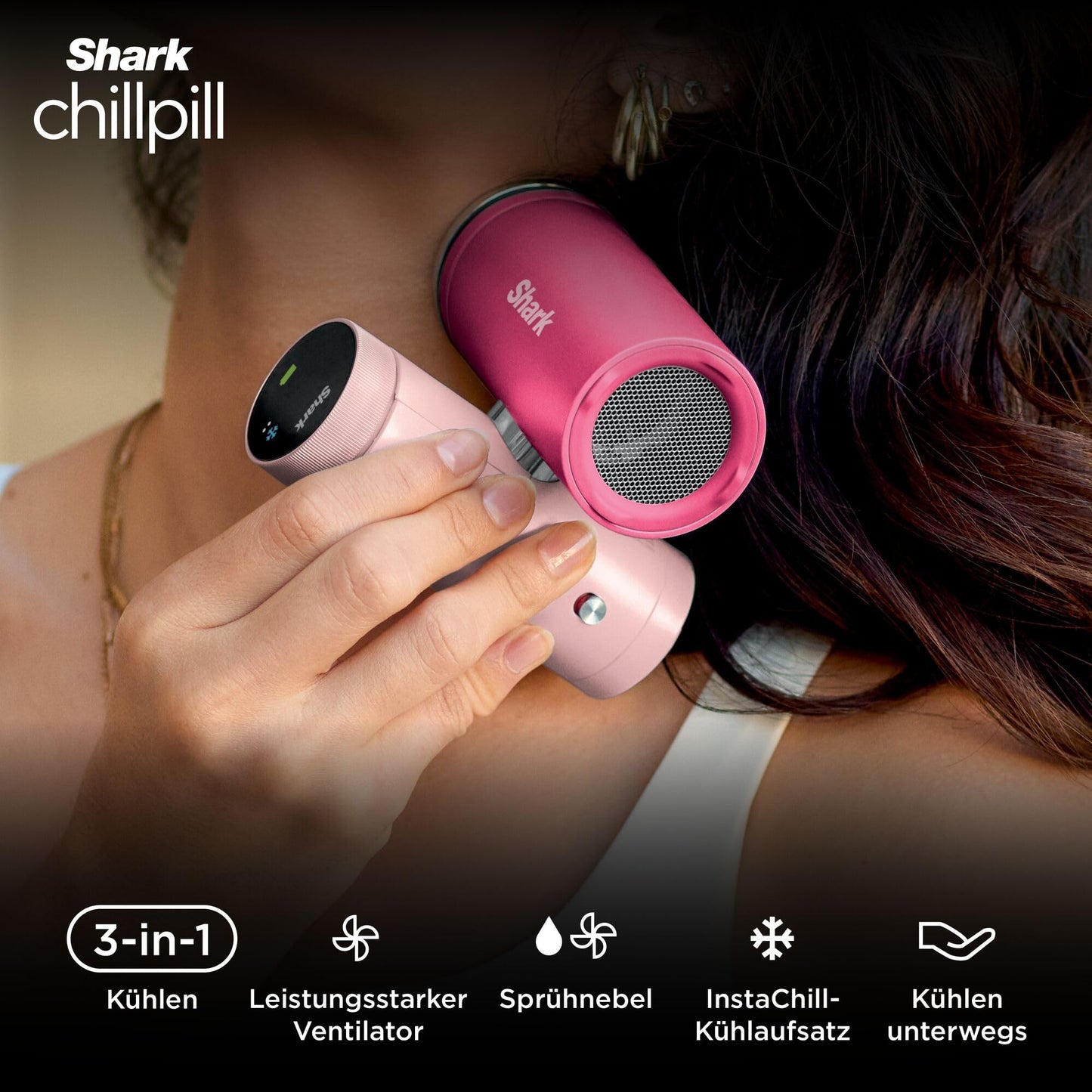 Shark ChillPill 3-in-1 High Speed Handheld Fan, Mist and InstaChill System, with 3 Cooling Attachments, Travel Friendly Design, Dragon Fruit FA022EUPK