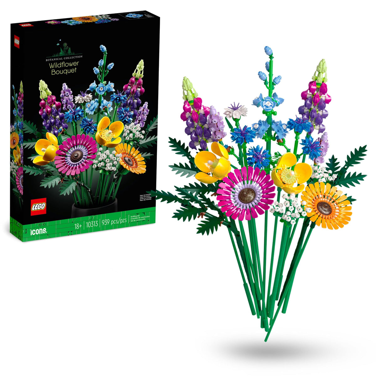 Set LEGO Botanicals Buchet de Flori Sălbatice - Flori Artificiale cu Maci și Lavandă - Kit de Meșteșuguri pentru Adulți - Cadouri pentru Decorul Biroului de Acasă pentru Femei și Bărbați - 10313