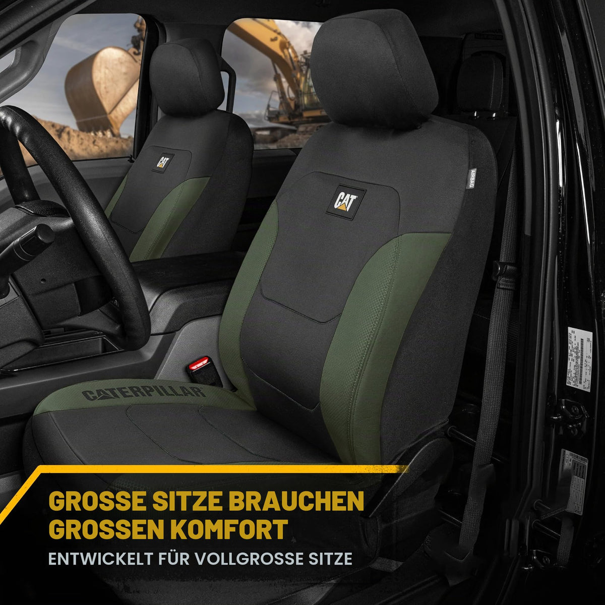 CAT Flexfit seat covers for cars, trucks, and SUVs, front seat covers, airbag-compatible, interior covers, car accessories, 2 pieces, black/green - CASC2274