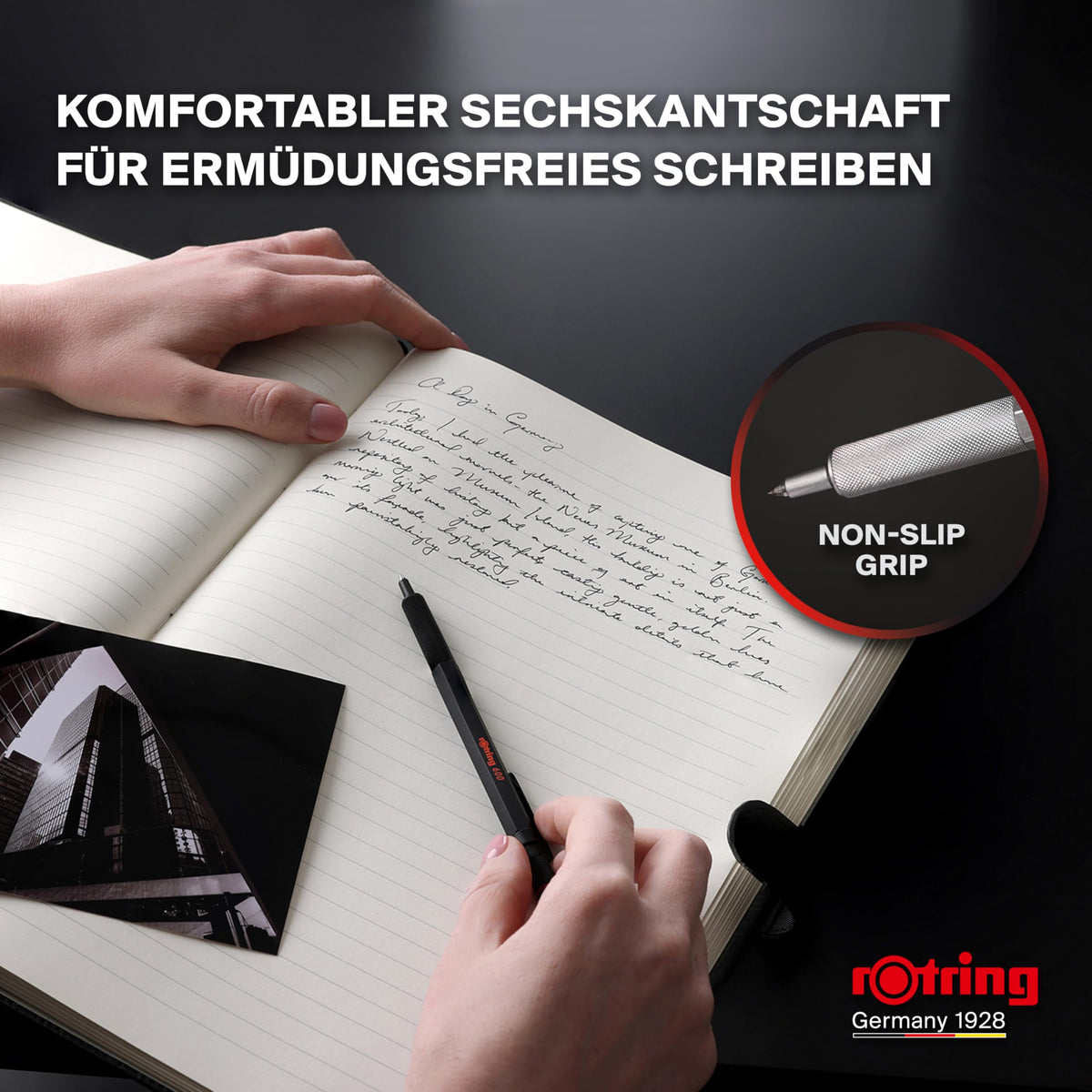 rOtring 600 Gelschreiber | 0,55 mm | Cerneală neagră | Instrument de scris argintiu cu corp metalic | Zonă de prindere antiderapantă, cu striații și corp hexagonal | Reîncărcabil - SAP_2196011